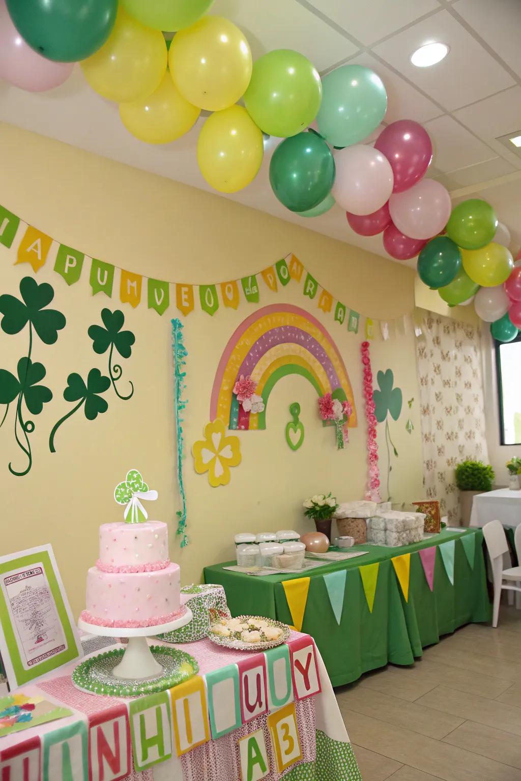 A room decorated with lucky symbols, creating a whimsical atmosphere.