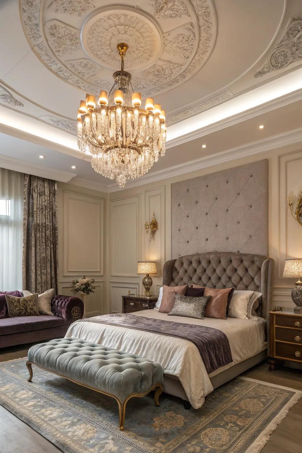 A deluxe bedroom is illuminated by an attractive vintage chandelier.