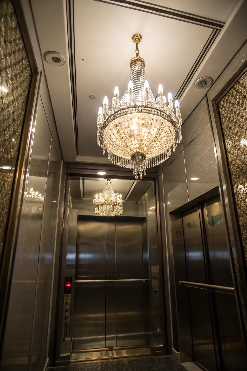 A hint of sparkle with a chandelier in an elegant elevator environment.