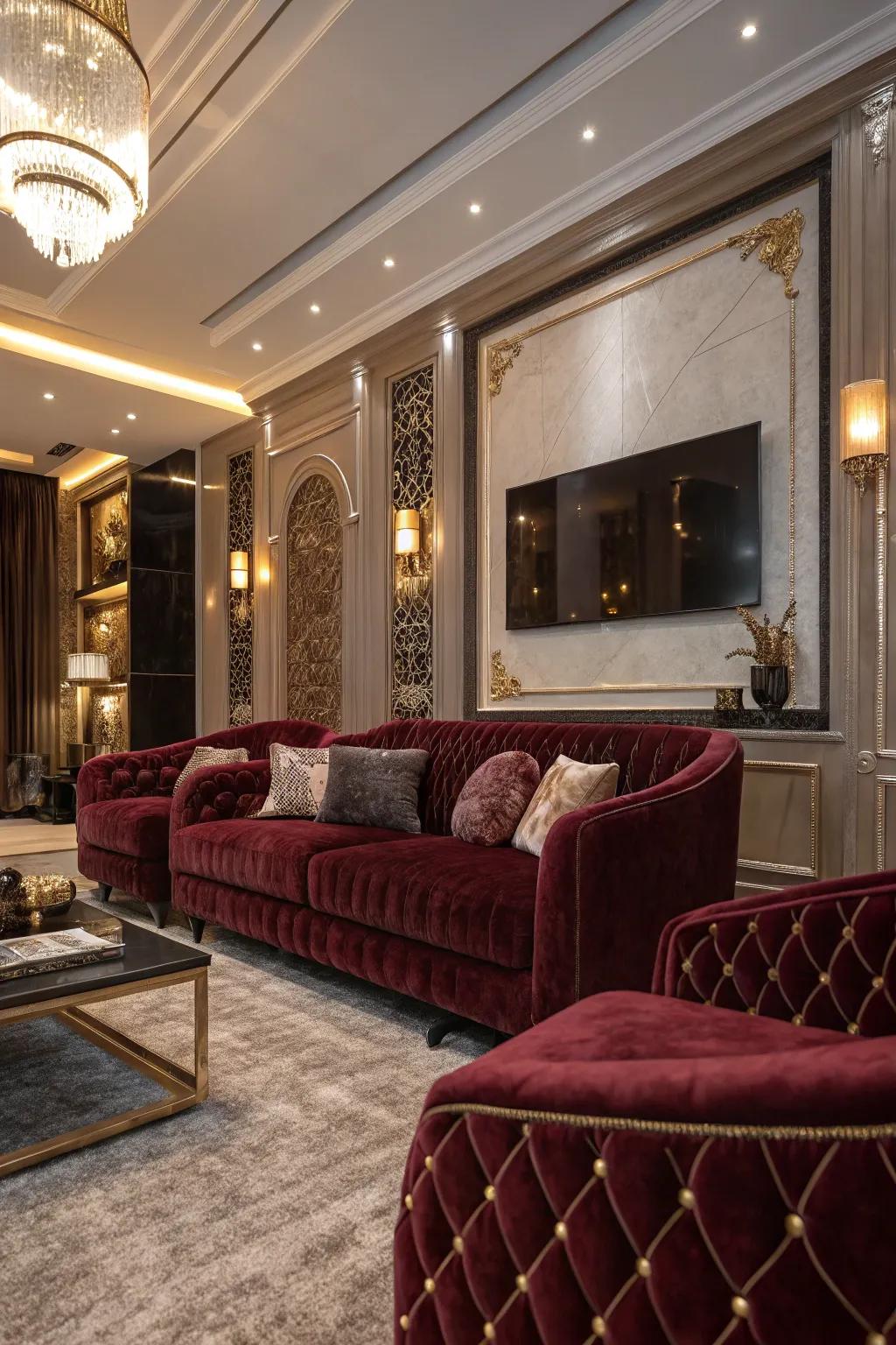 Comfortable velvet seating enhances the elegance of this living area.