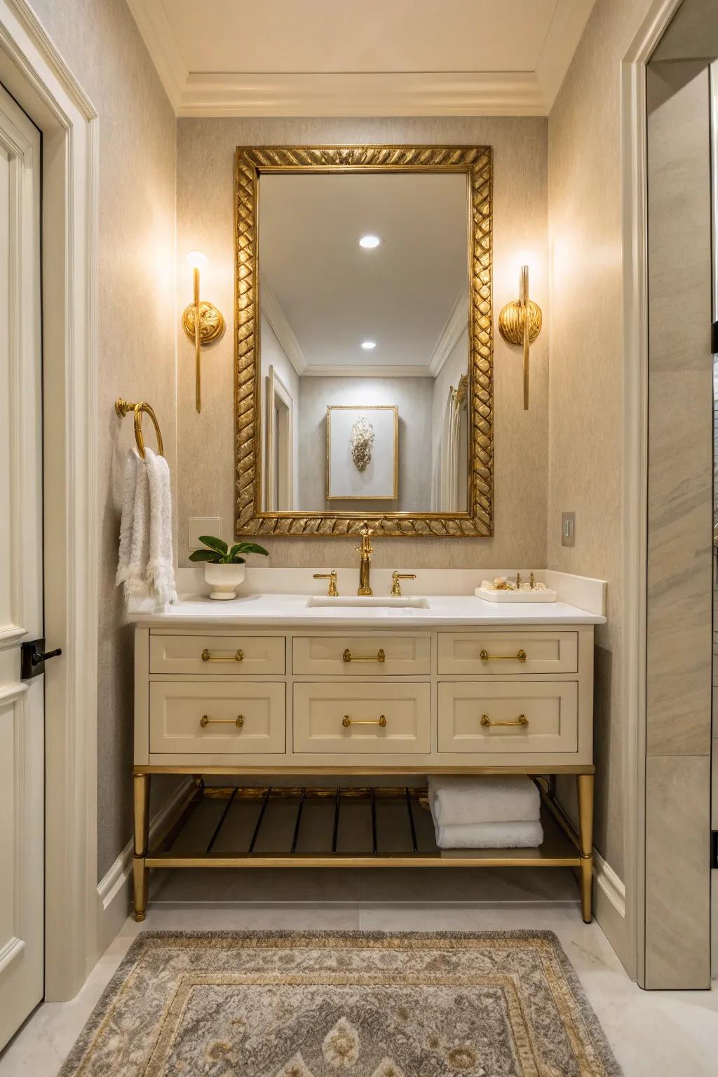 Brass accents enhance the lavish feel of this modern washroom.