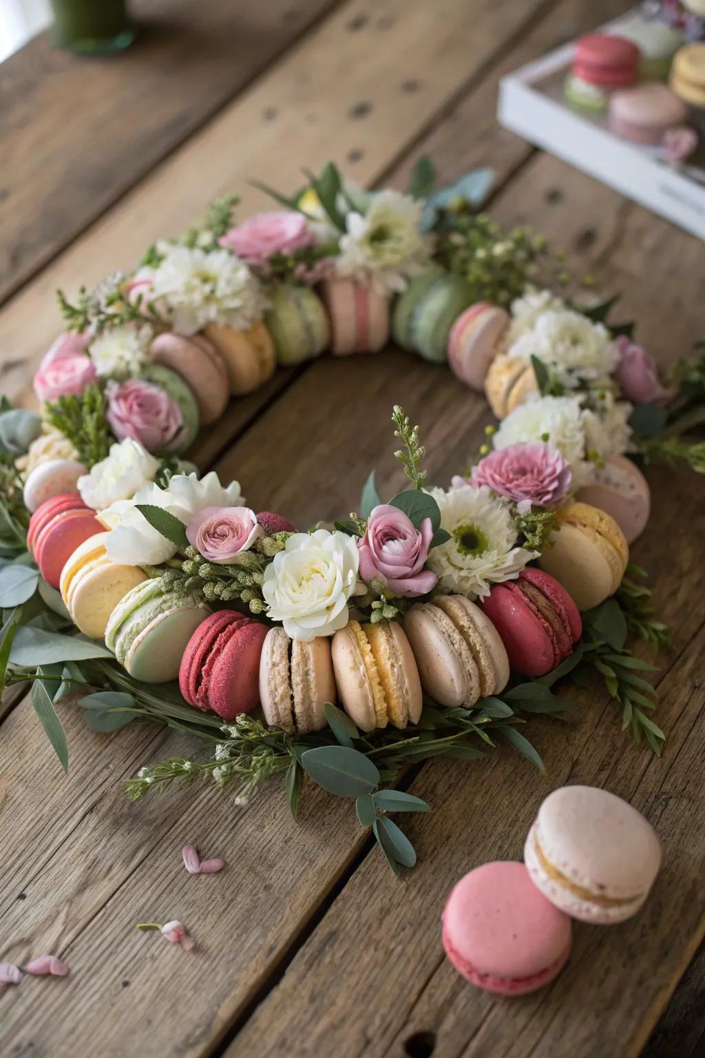 A botanical ring of macarons and real flowers.