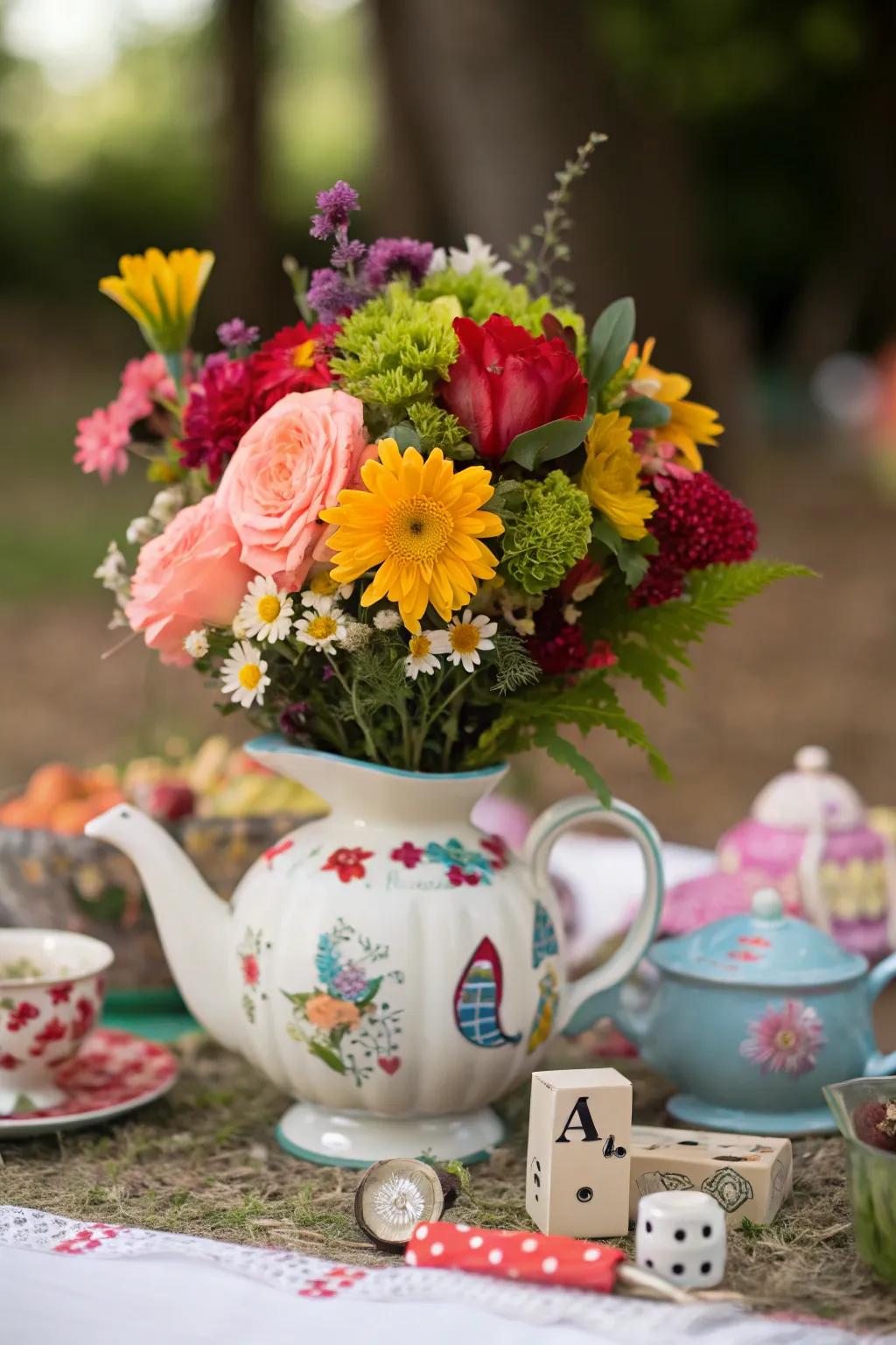 An imaginative teapot centerpiece brimming with vibrant flowers and whimsical details.