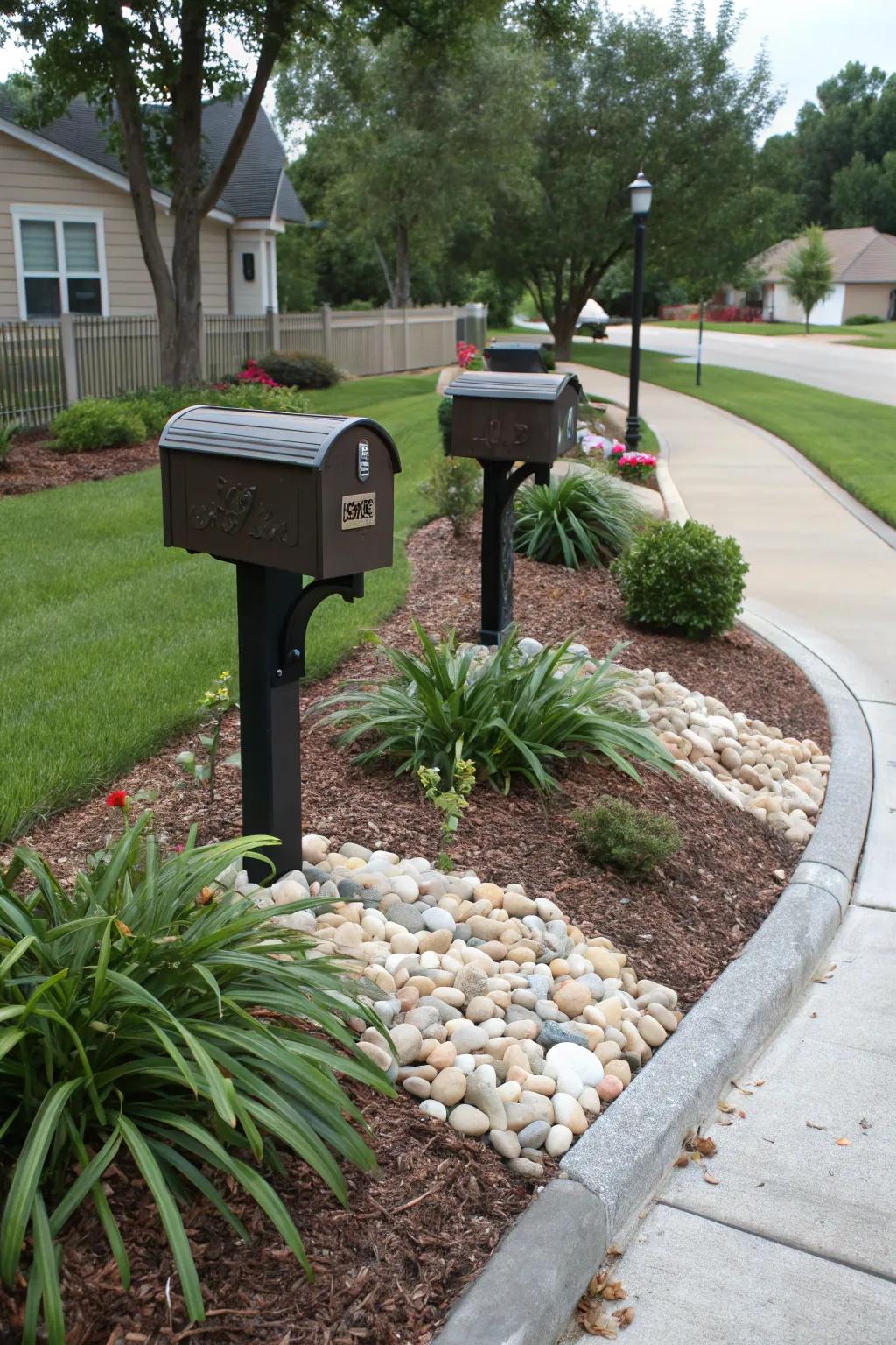 Keep your mailbox area neat and refined with mulch and stone accents.