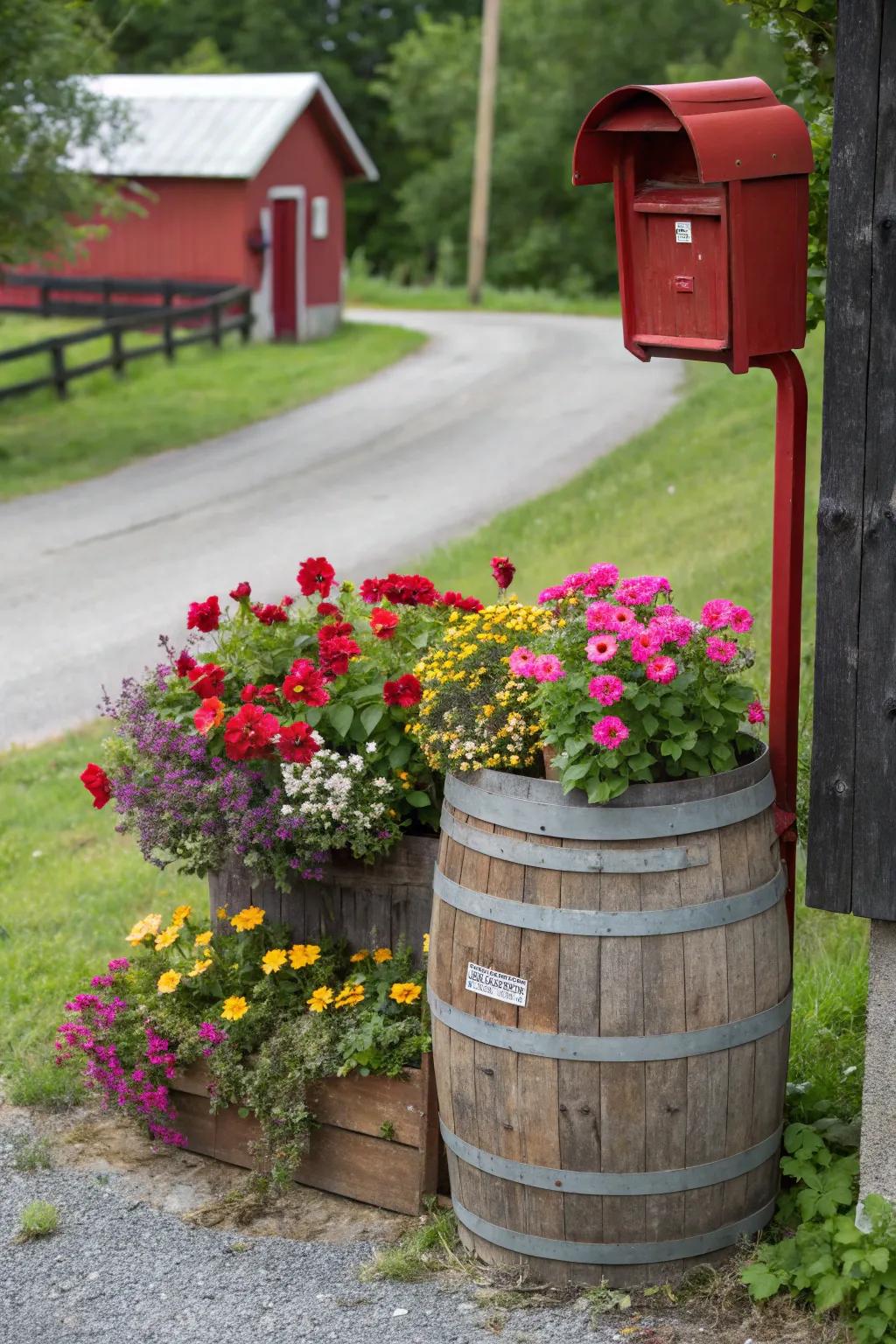 Antique charm harmonizes with brilliant blossoms in this cask planter concept.
