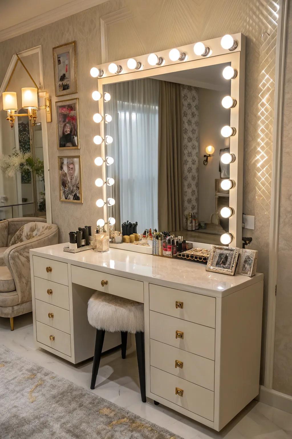 Stage-inspired lights conjure a glamorous setting.