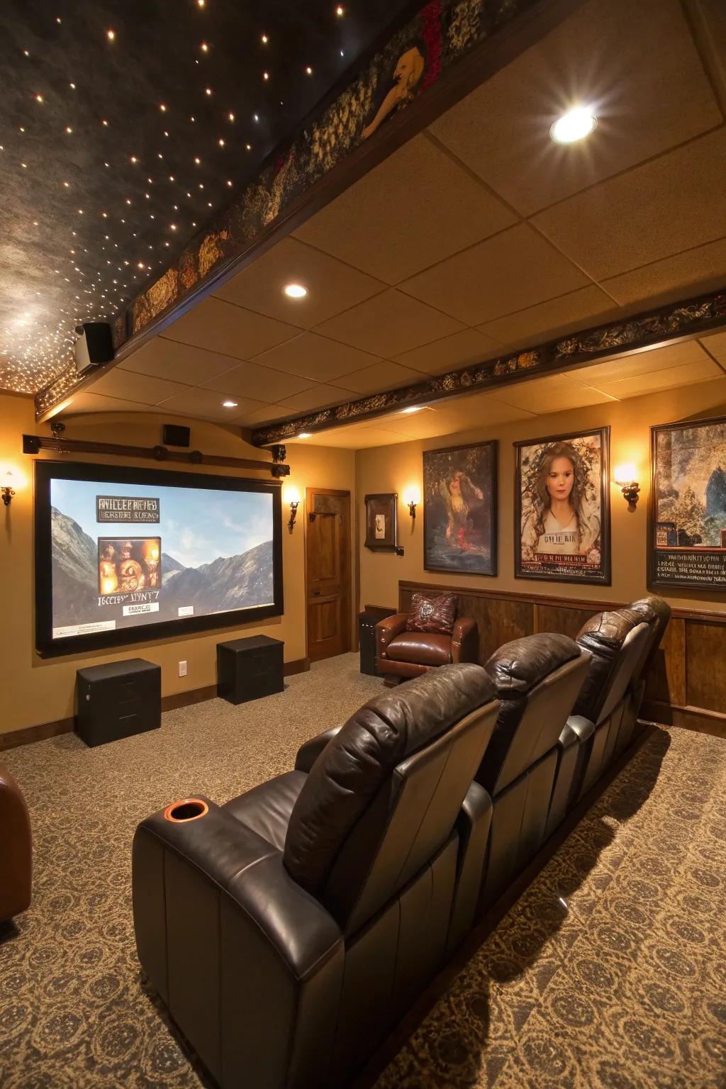 Savor the enchantment of movies within a man cave designed as a home theater.