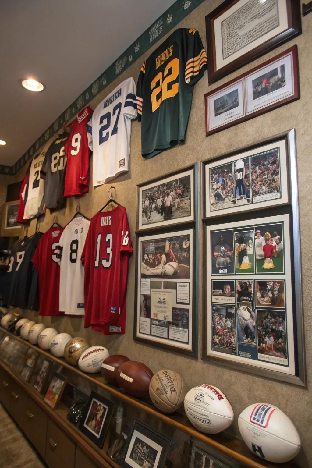 A sports memorabilia wall gives a personal flair to your man cave.