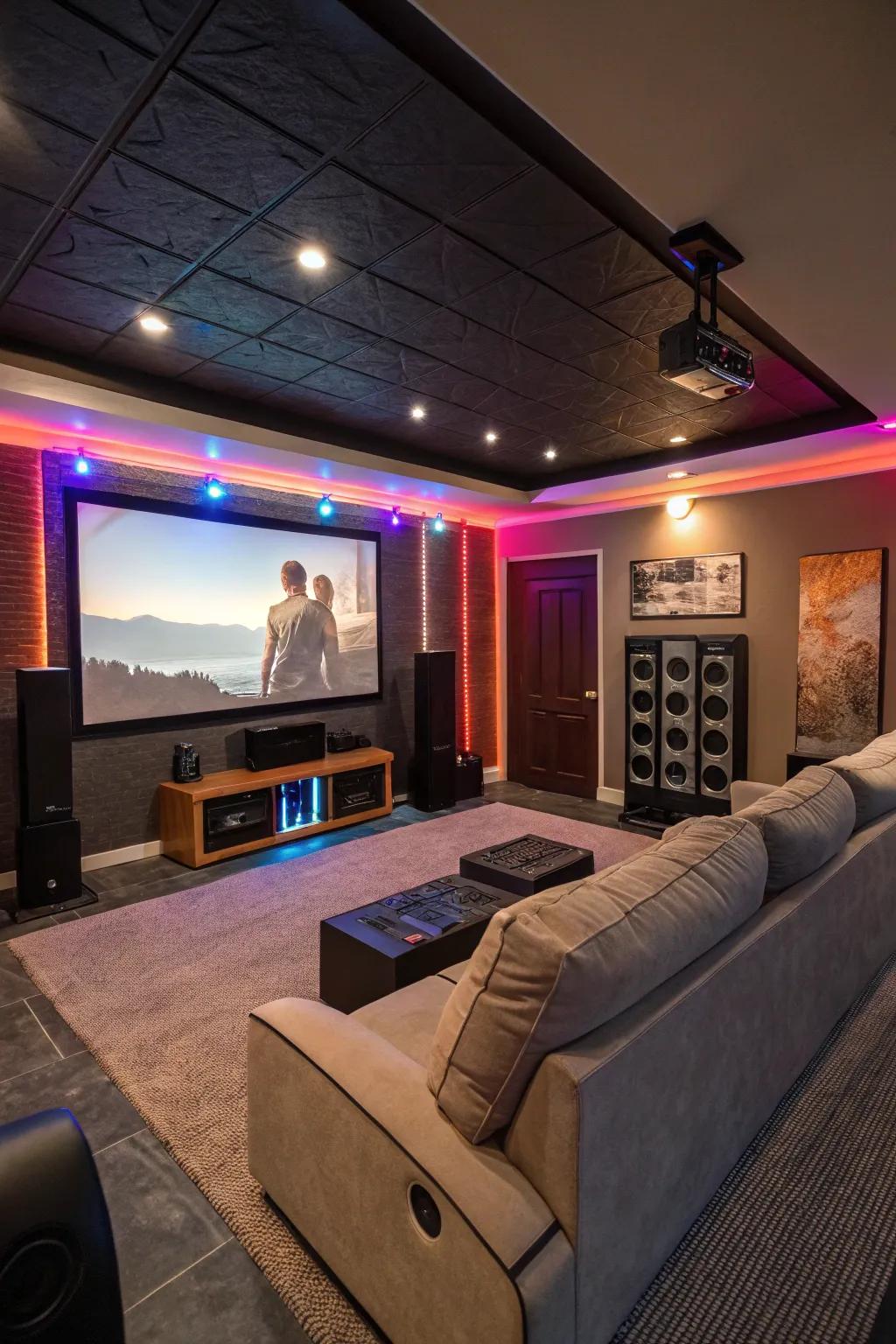 A fully immersive home theater setup with a large screen and surround sound system.