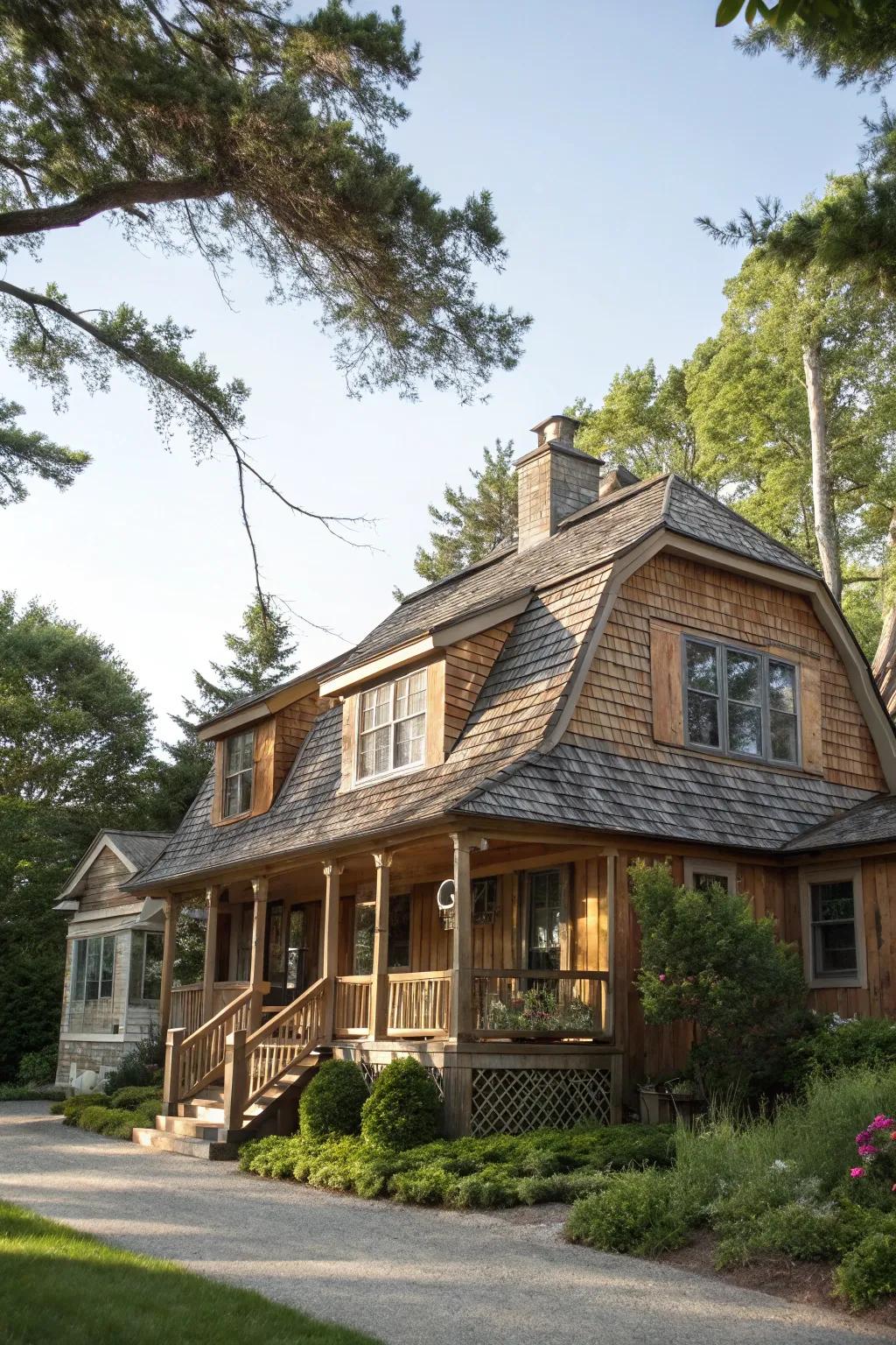 The cedar shake tiles give this mansard roof a rustic charm.