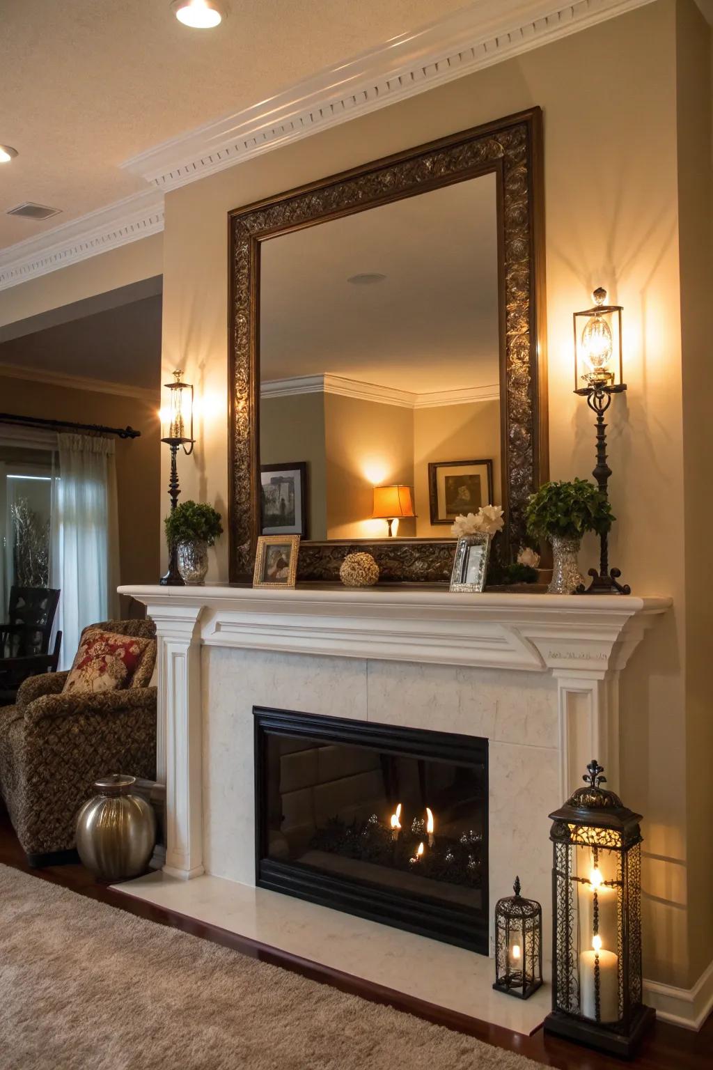 A prominent mirror enhances the mantel's allure by introducing depth and light.