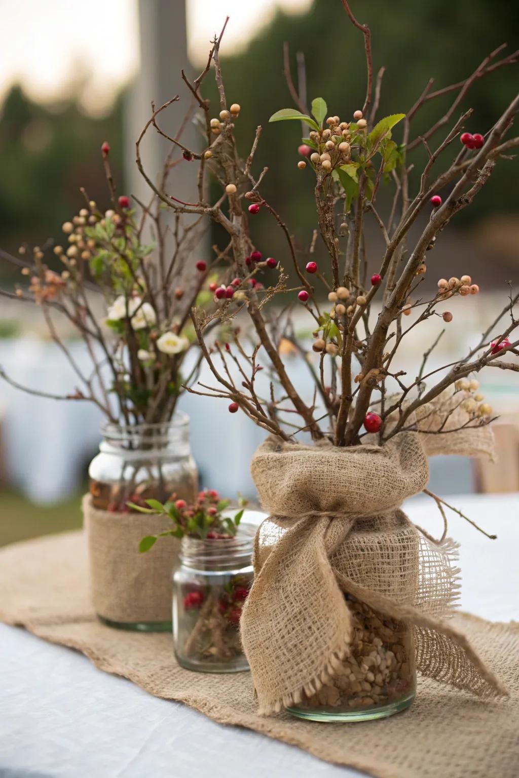 Unprocessed manzanita limbs arranged with hessian to create a rustic centerpiece.