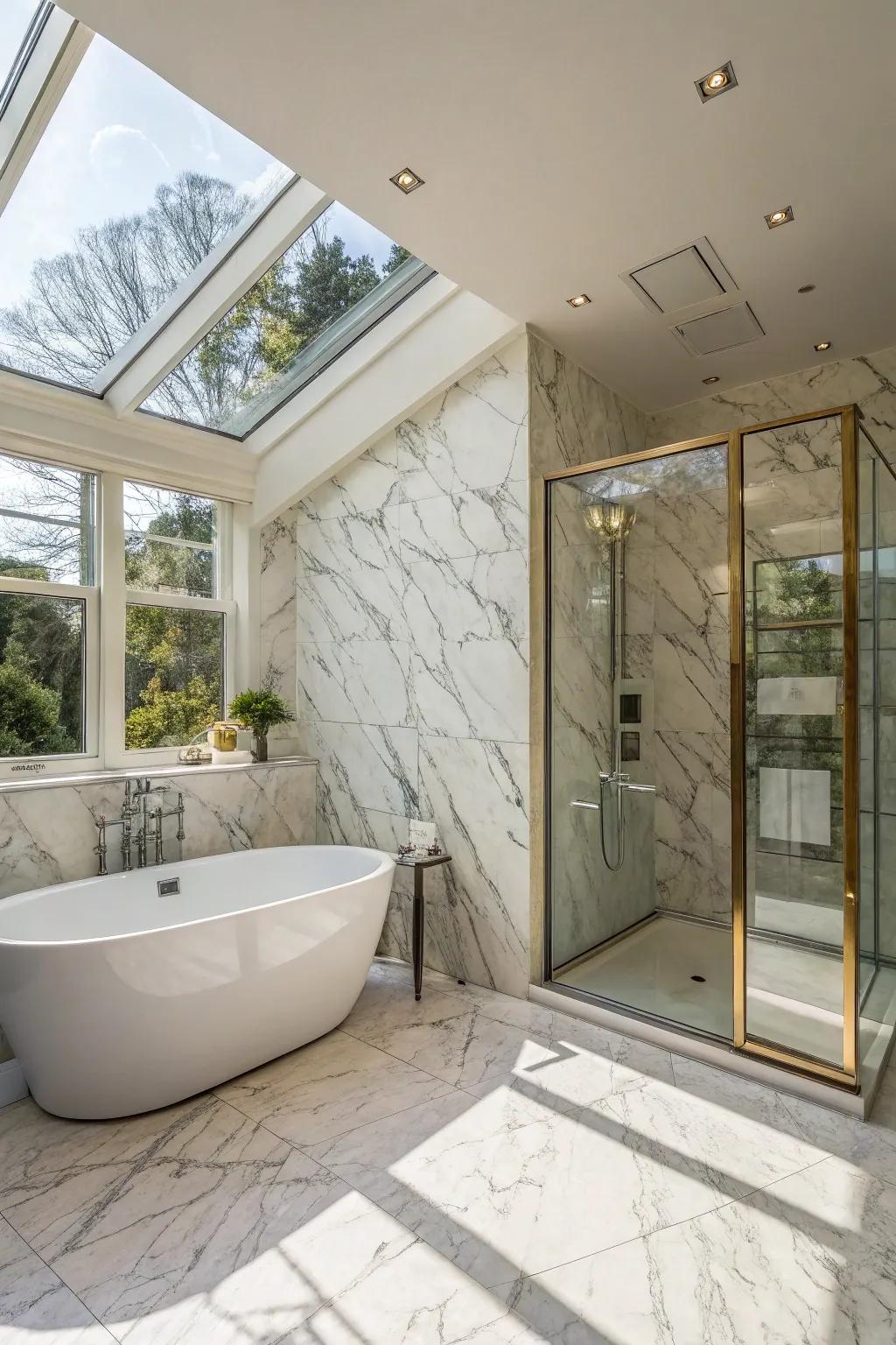 Floor-to-ceiling marble paneling crafts a streamlined and unified aesthetic.