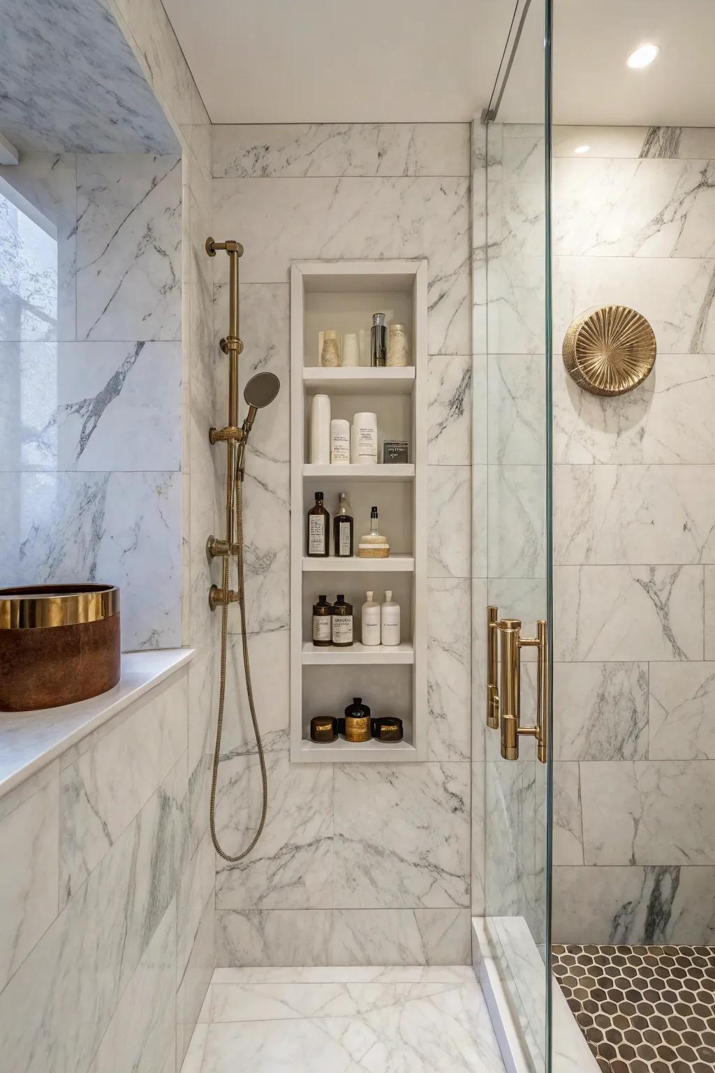 A vertical stone alcove adds a chic touch to narrow shower spaces.