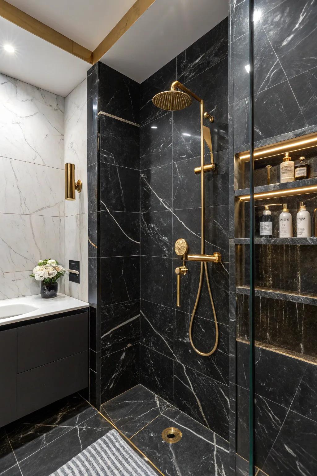 Forge a dramatic impression using striking dark stone tiles.