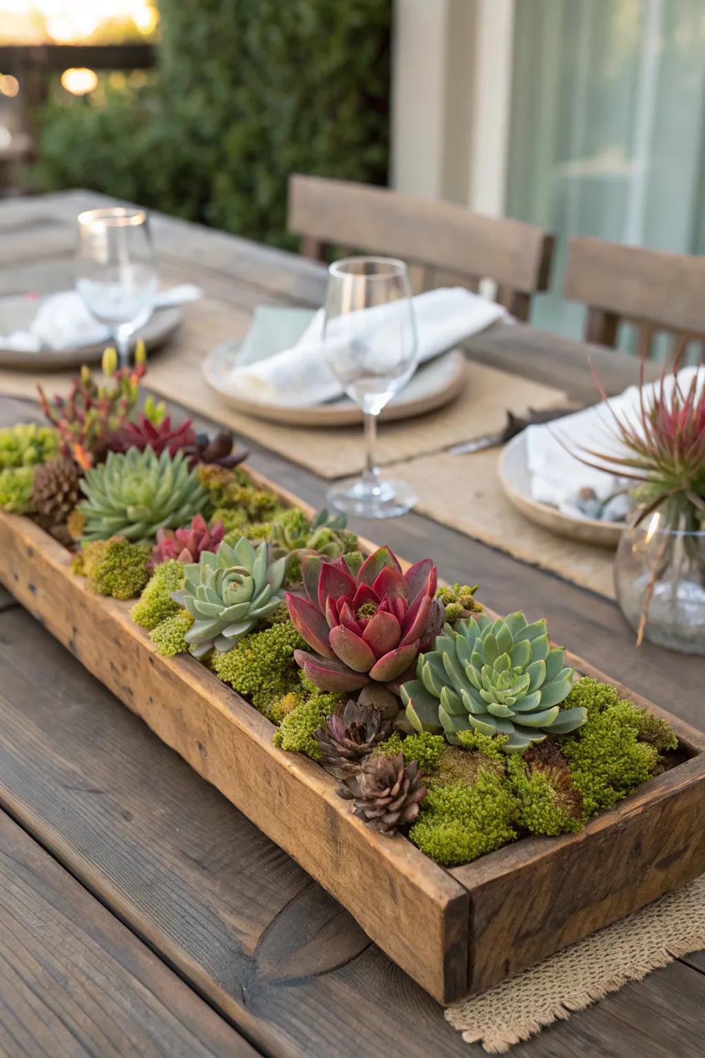Celebrate natural sophistication with a timber platform centerpiece lush with verdure.