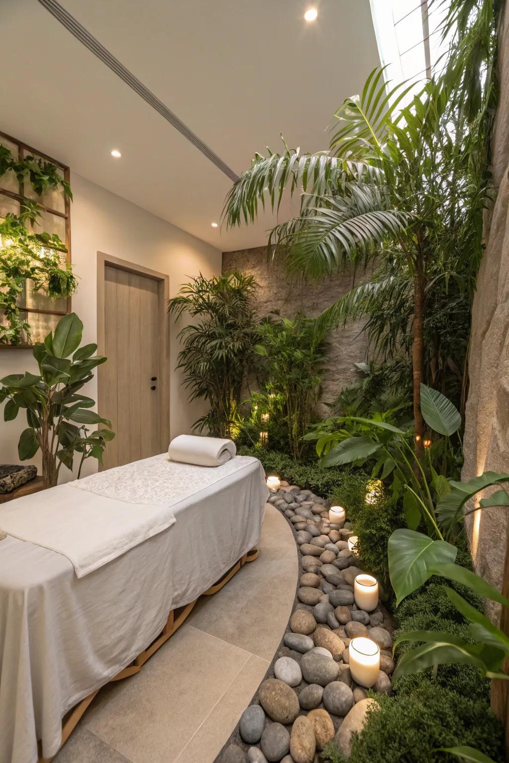 Natural elements such as greenery contribute to the space's serenity.