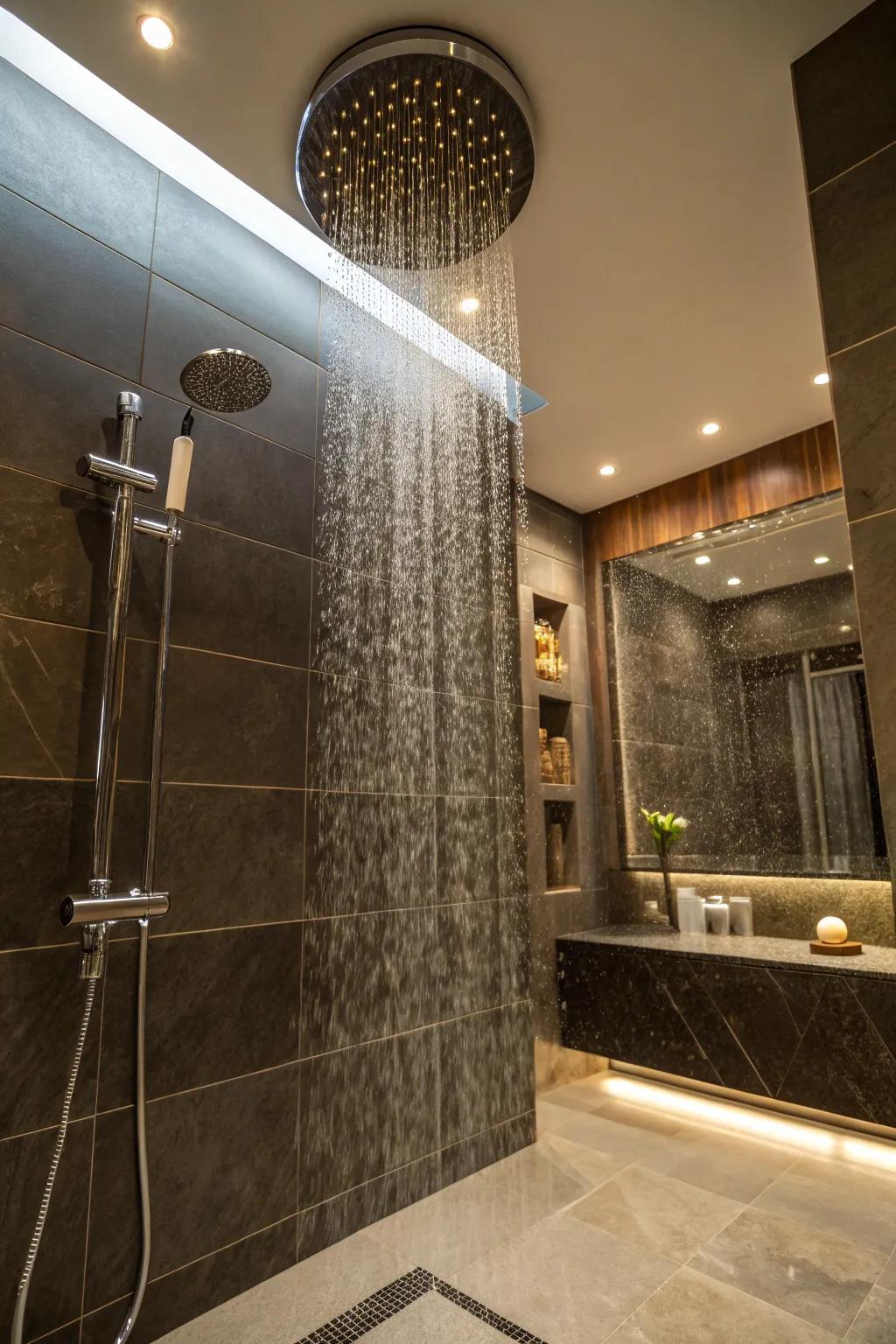 Indulge in a spa-like escape with an overhead sprinkler.