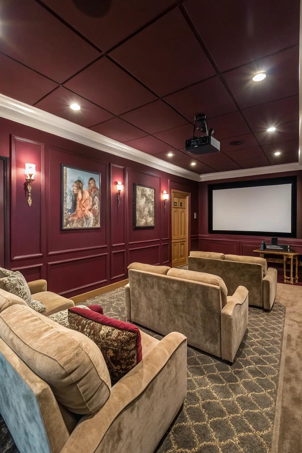 A cozy media room with burgundy walls, offering a nod to vintage cinema charm.