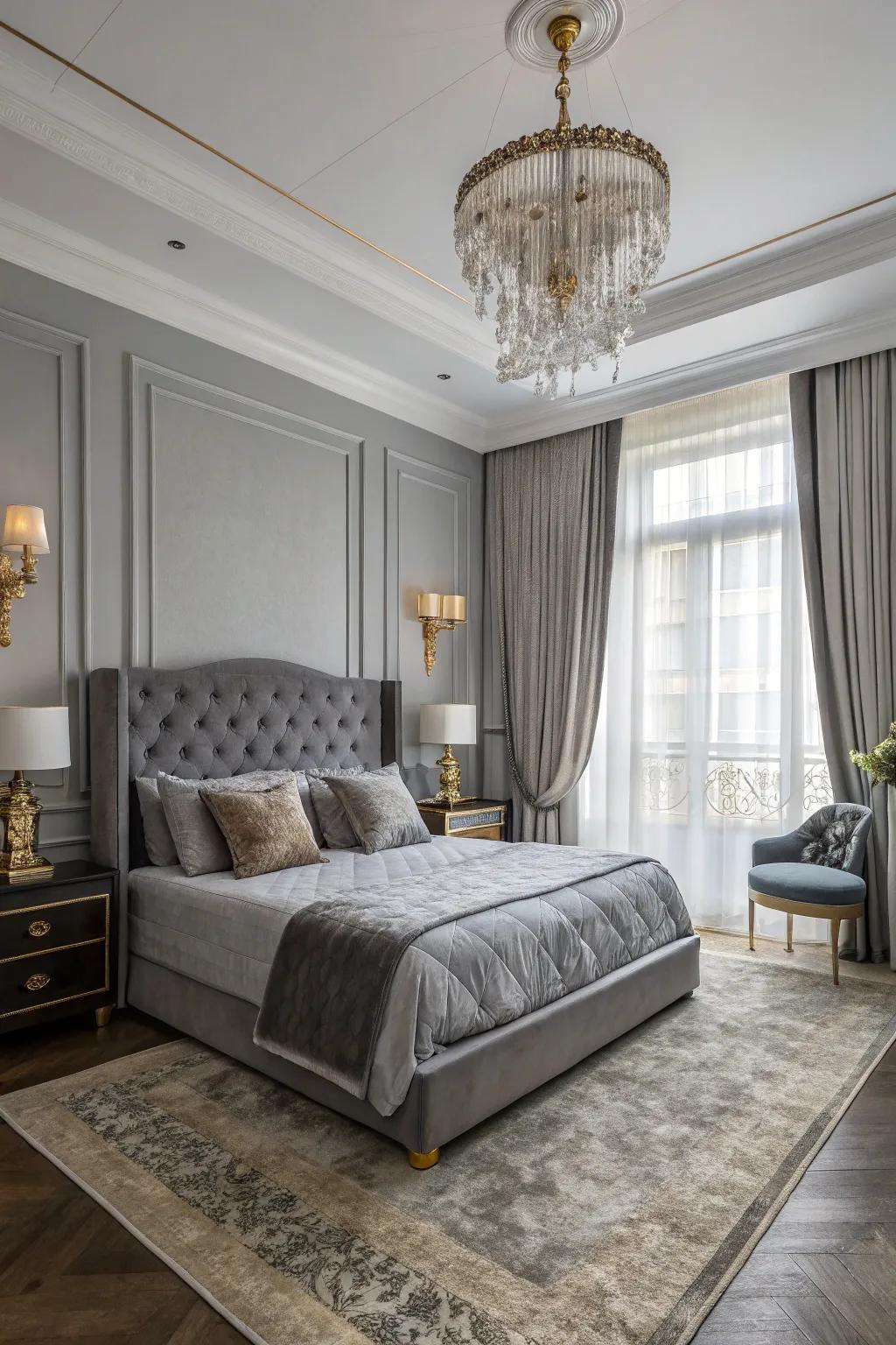High-end hotel elegance achieved with plush grey textiles and sophisticated decorations.