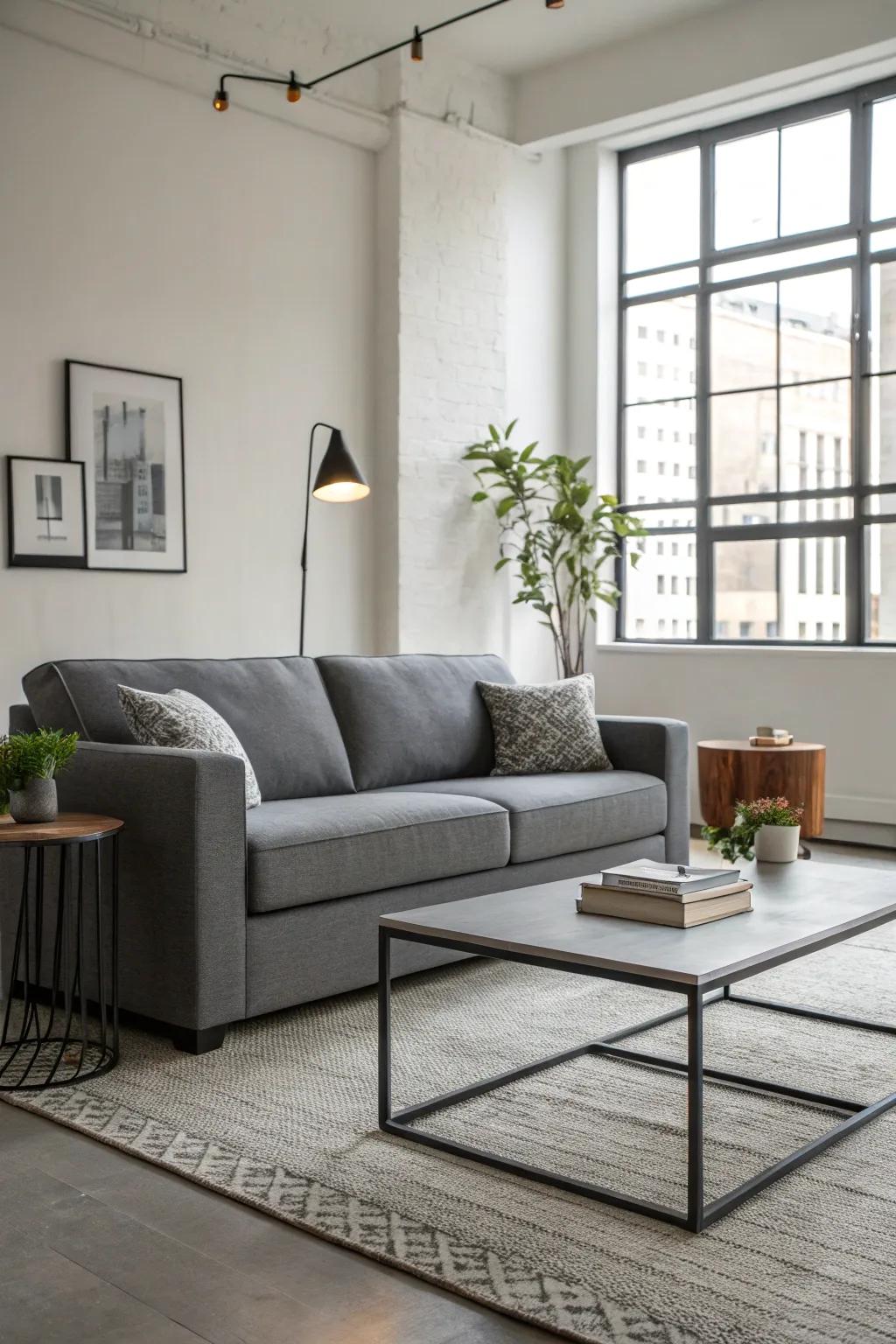 Minimalist furniture selections create a pristine and up-to-date appearance.