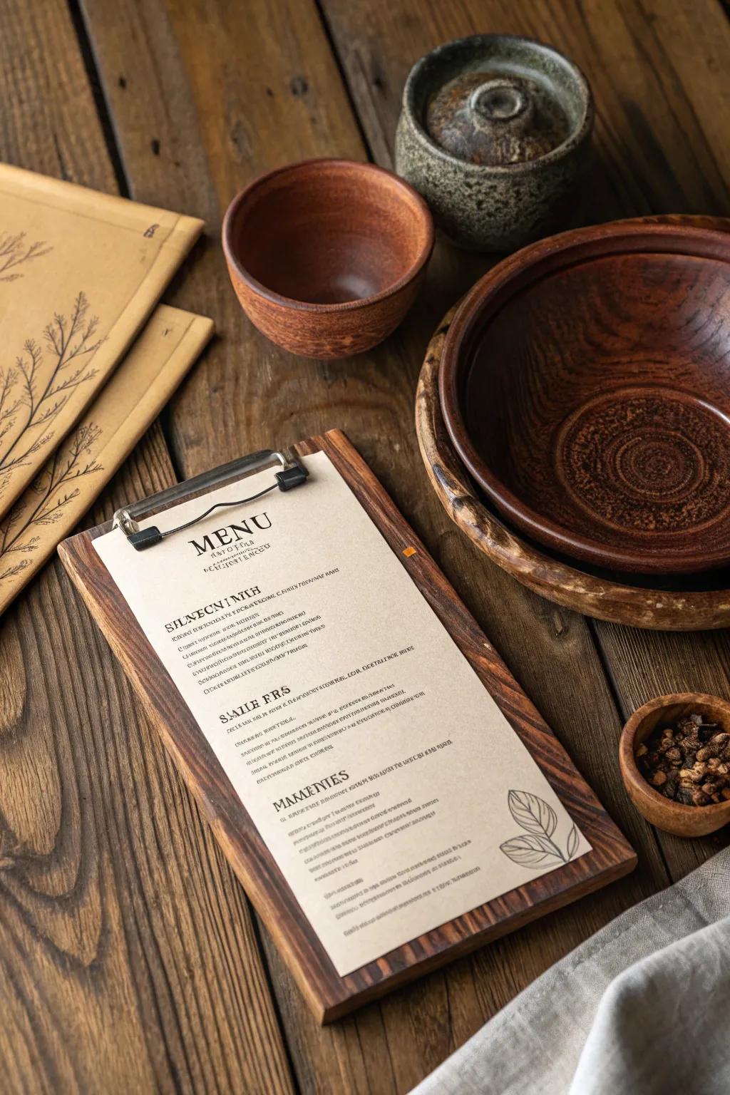 Wood textures create a welcoming, rustic atmosphere on your menu.