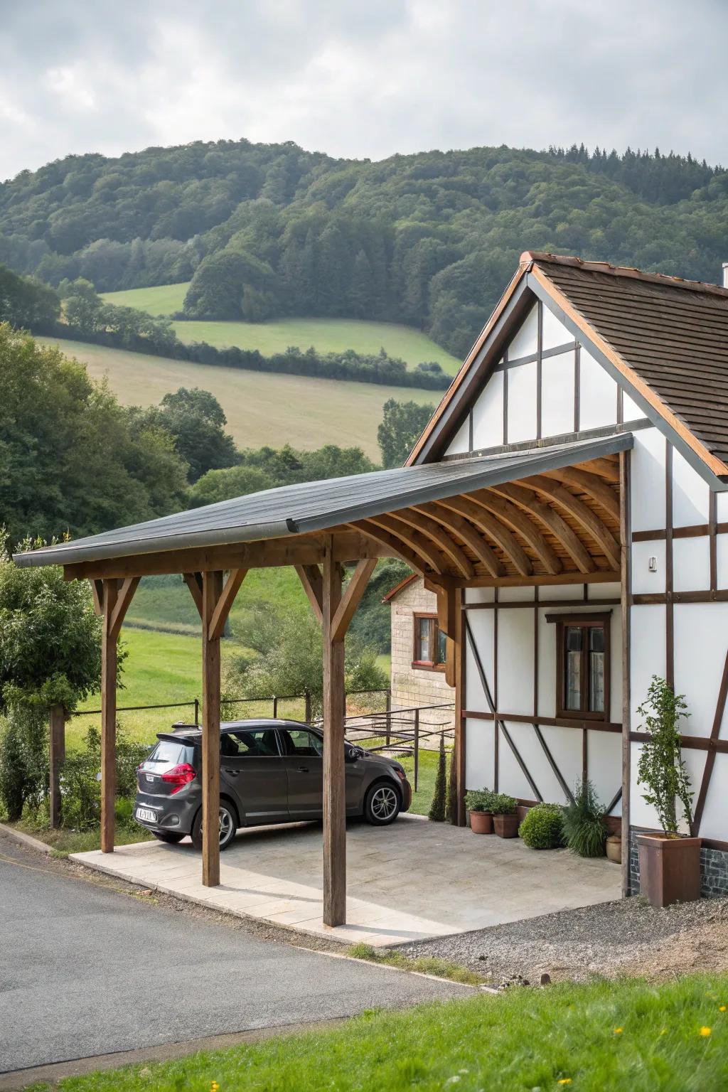 A carport enhanced with timber details combines rustic allure with modern practicality.