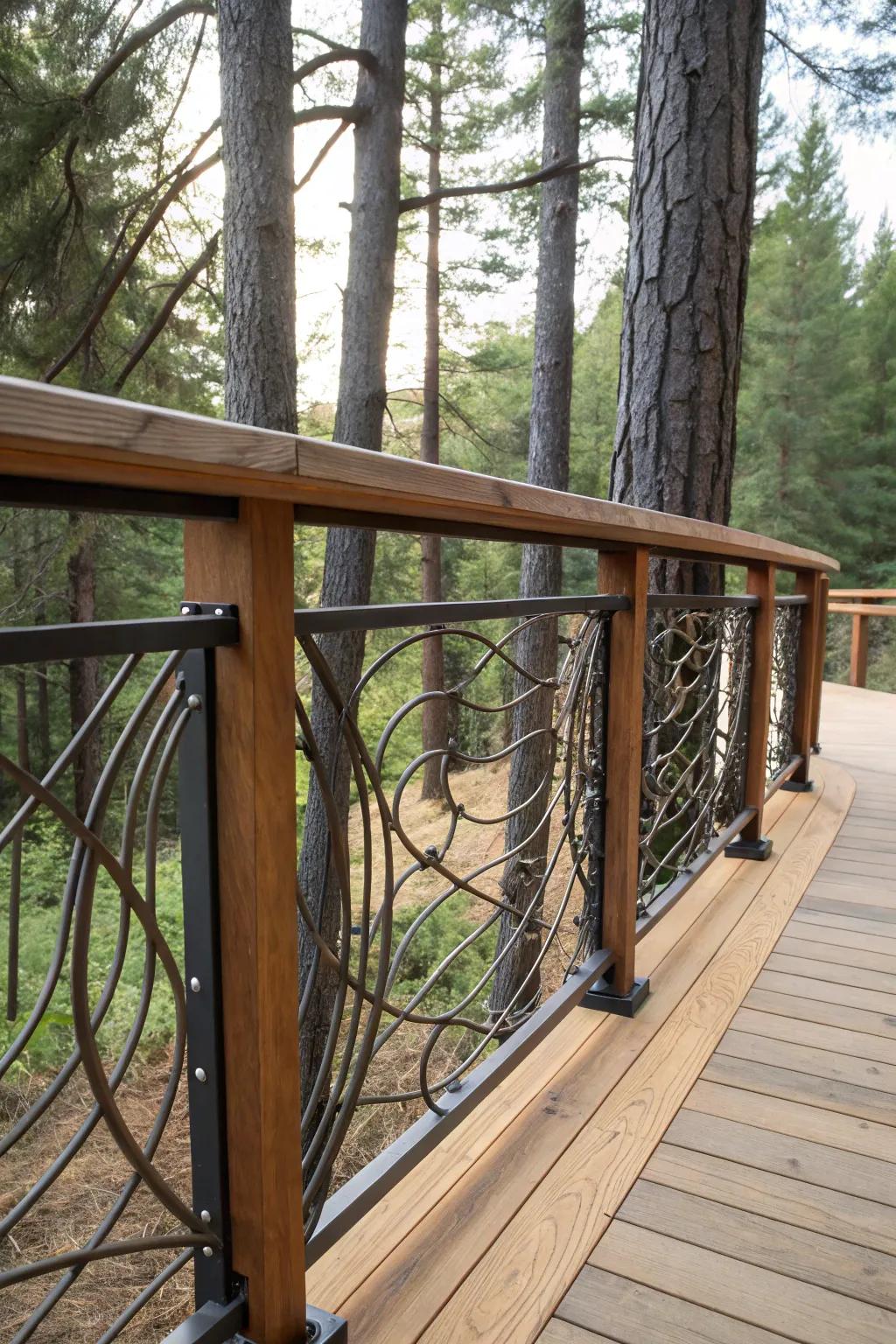 Combine iron with timber for a balanced, welcoming deck.