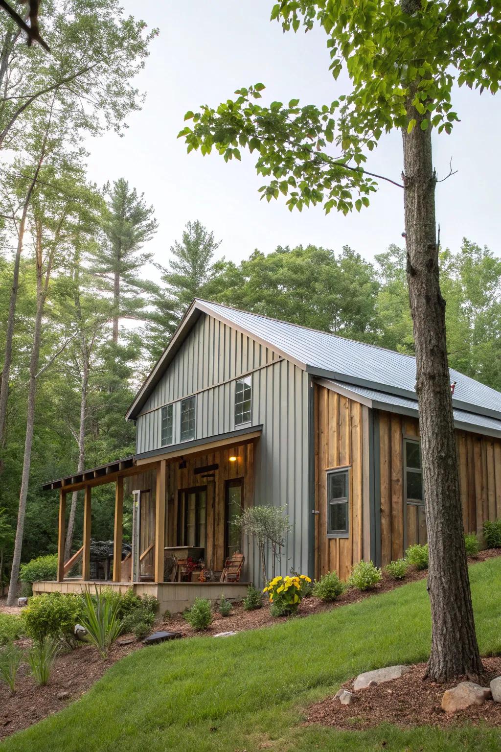 A dwelling artfully merging industrial metal cladding with countryside wooden elements.