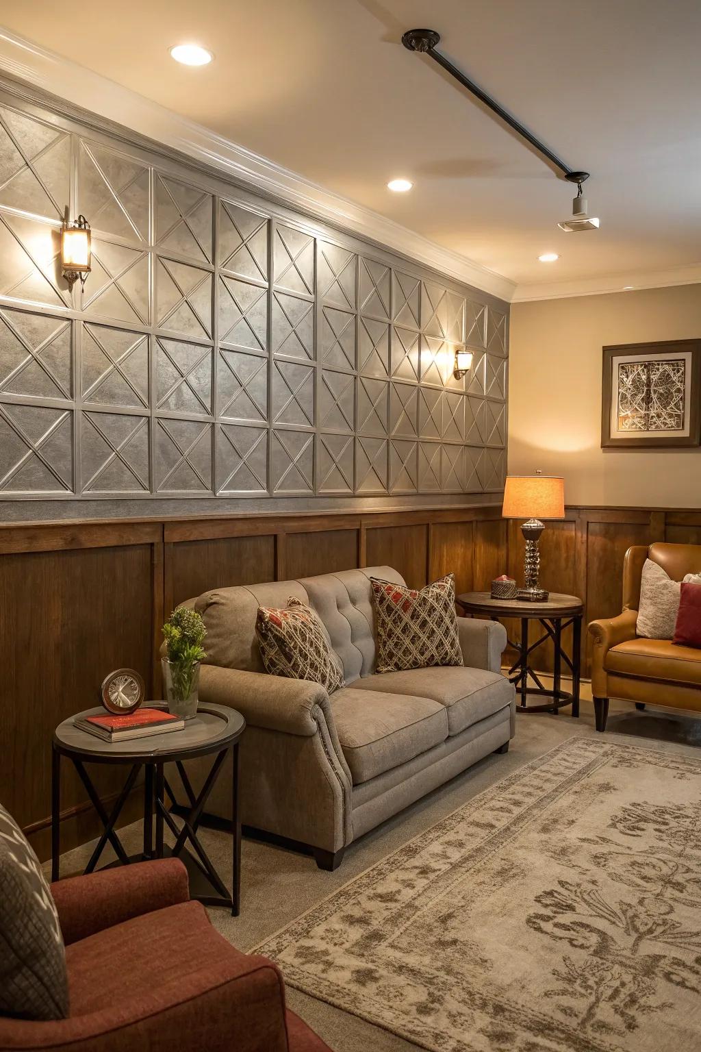 A metallic wall paneling feature wall incorporates classiness and appeal.