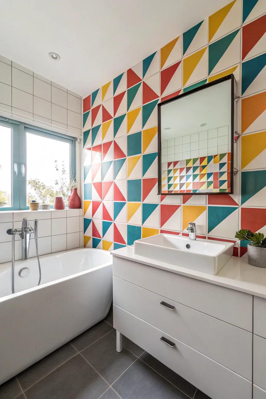 Geometric tiles bring a playful retro vibe to this bathroom setting.