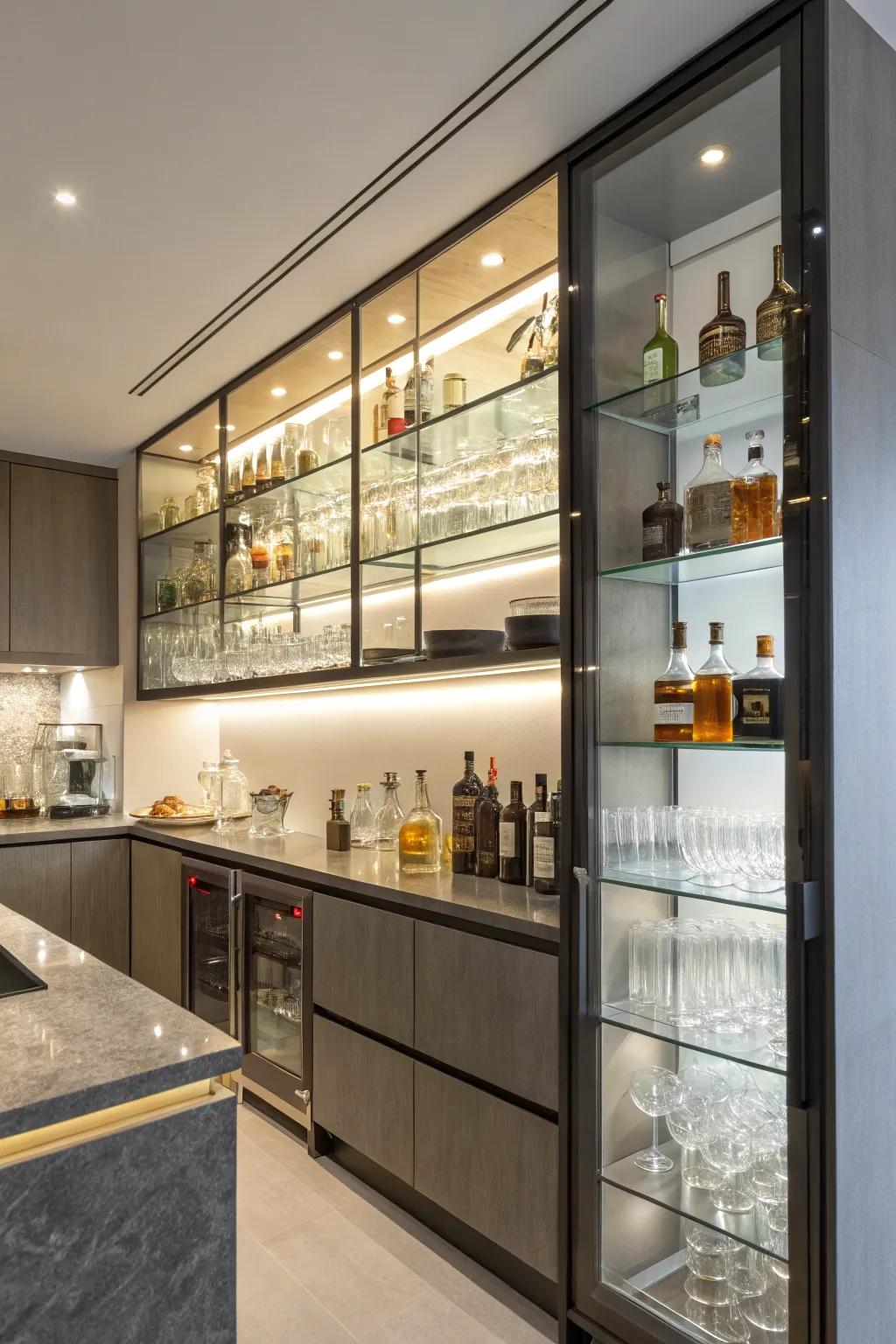Open shelves stylishly display spirits and glasses, marrying form and purpose.