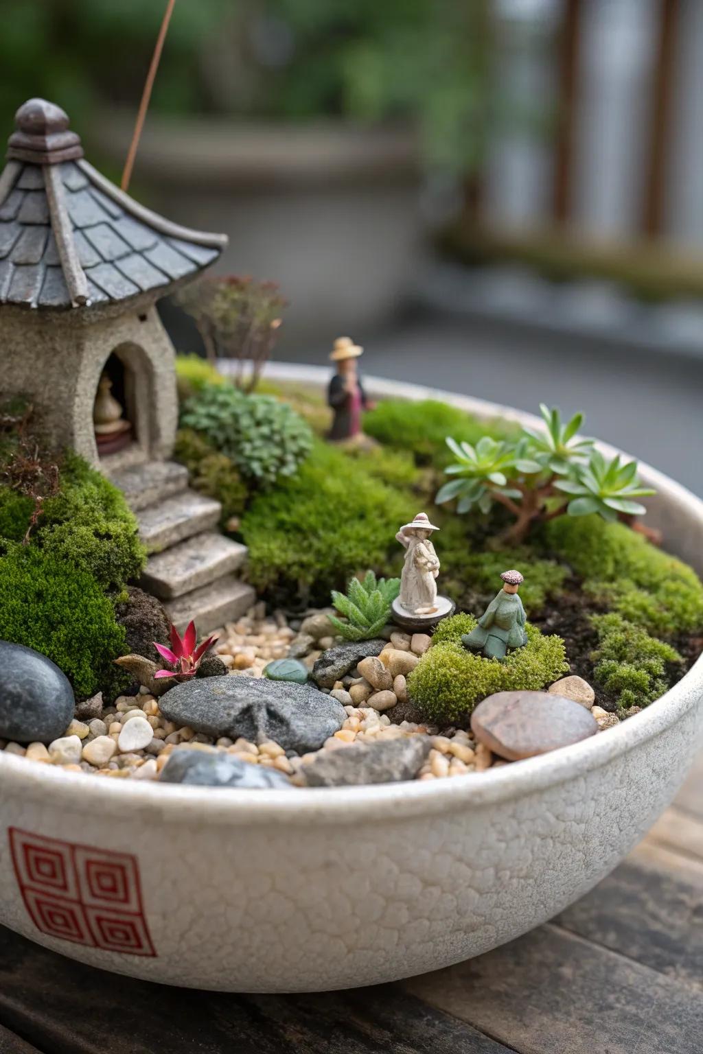 An imaginative miniature landscape showcased in a shallow dish.
