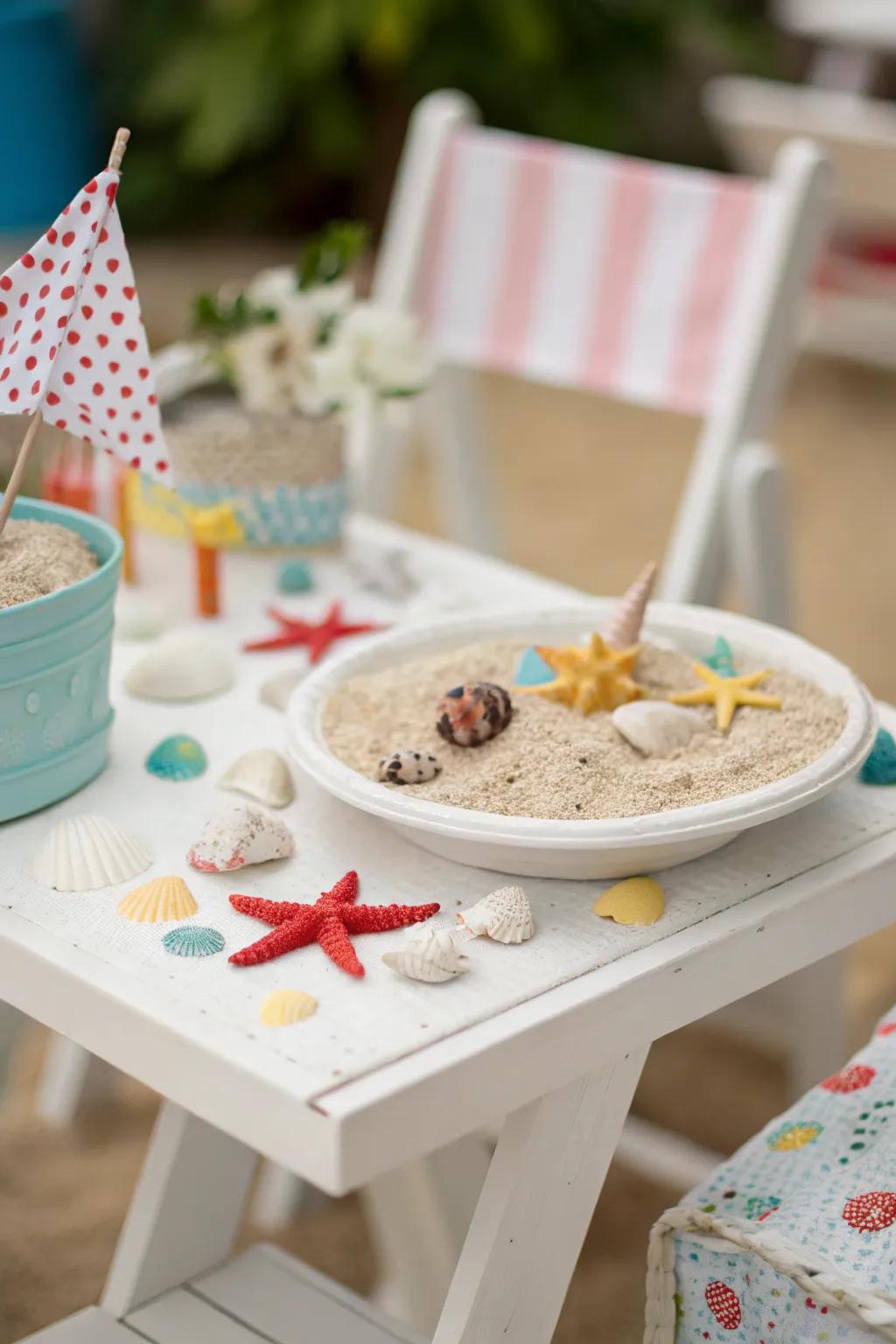 Miniature seaside theme table setting for a lively party ambiance.