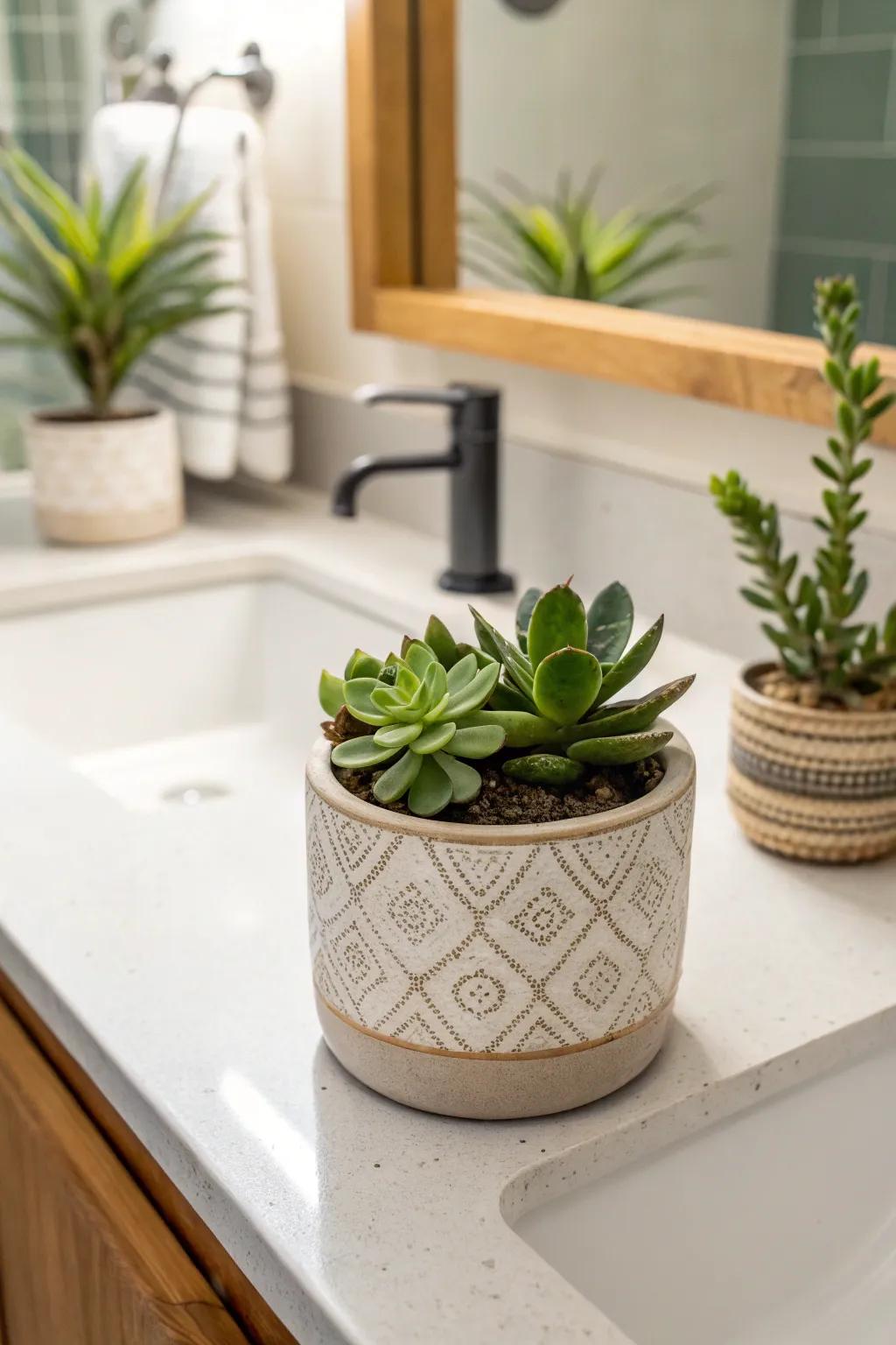 A straightforward succulent introduces a refreshing dash of nature to the bathroom's design.