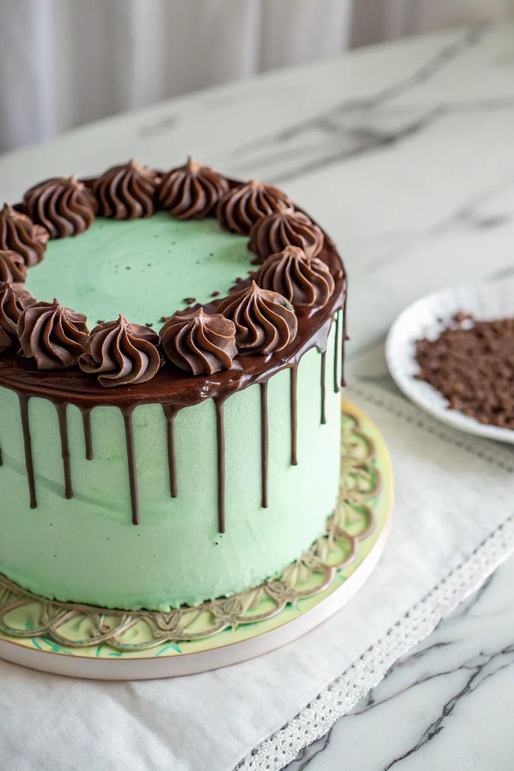 A lime confection with a trendy chocolate cascade design.
