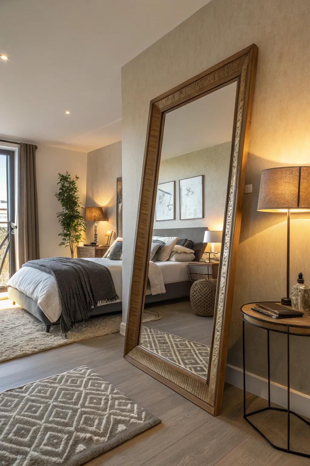 A sizeable, casually placed mirror can assert a powerful visual presence in any sleeping quarter.