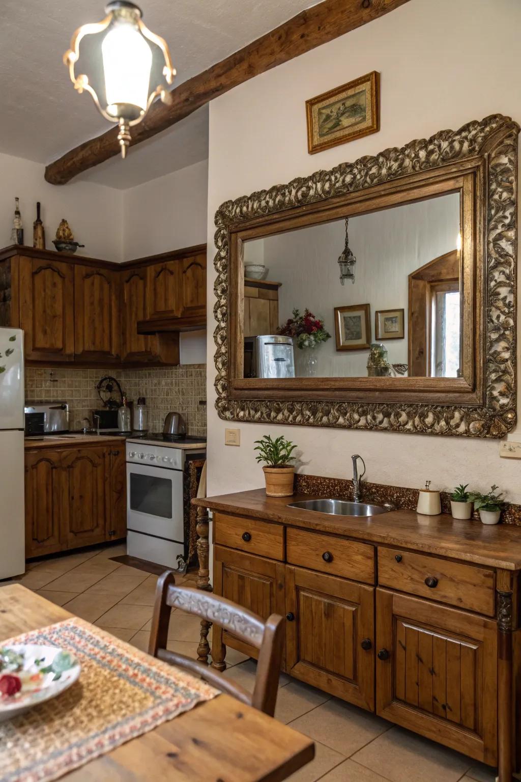 A kitchen featuring an antique framed mirror that introduces both history and sophistication.
