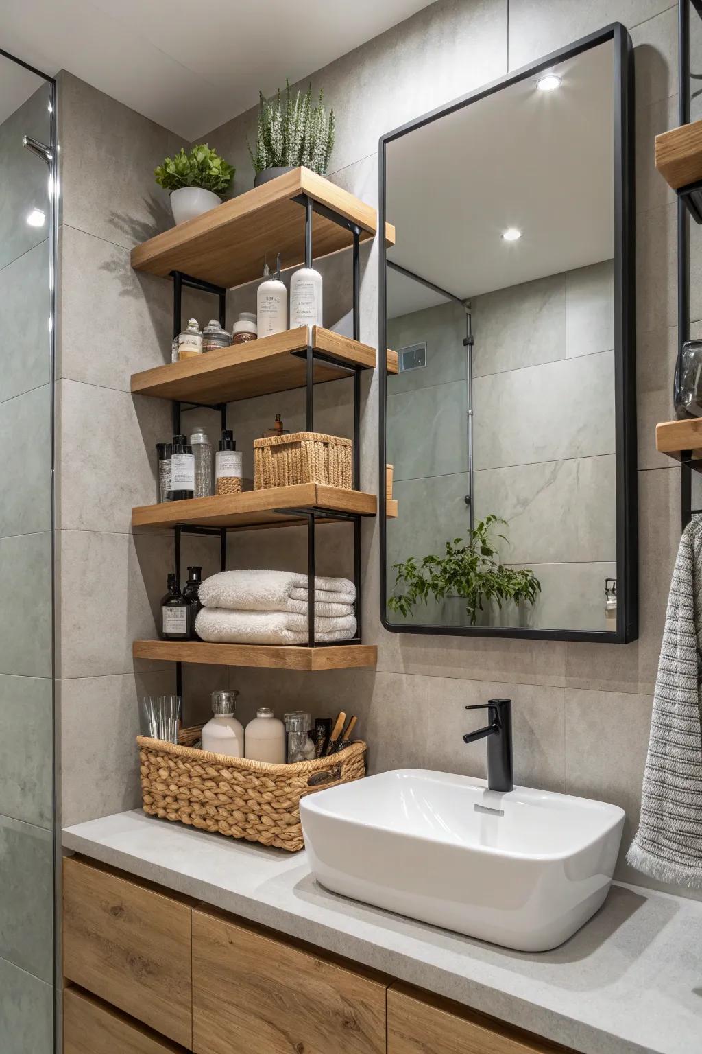 Elegant wall-mounted shelves within a restroom, blending flair with functionality.