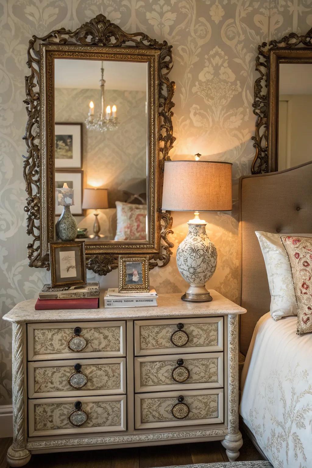 Reflectors with detailed borders contribute timeless allure to this sophisticated bedroom.