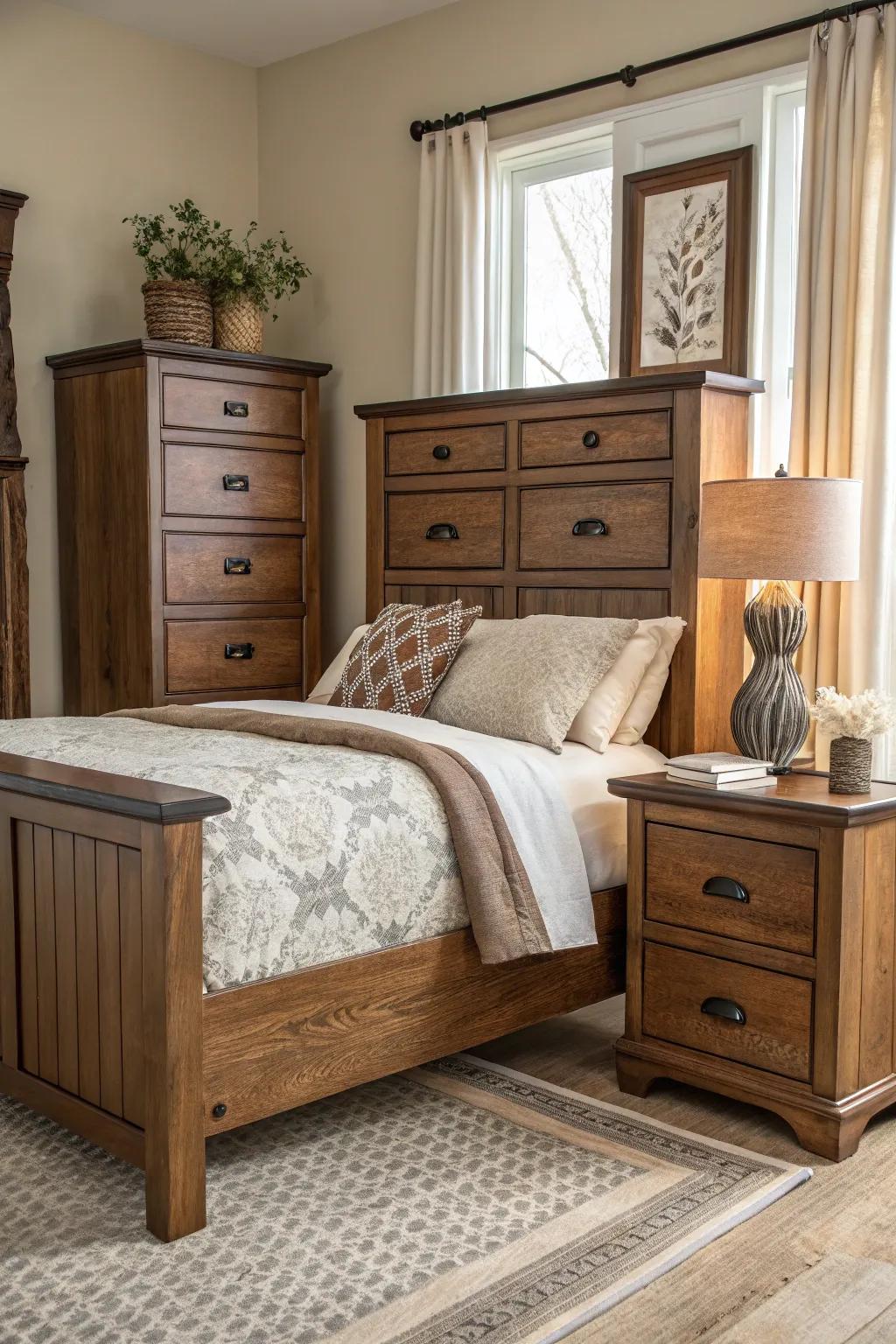 An array of furniture items enriches your bedroom’s depth.