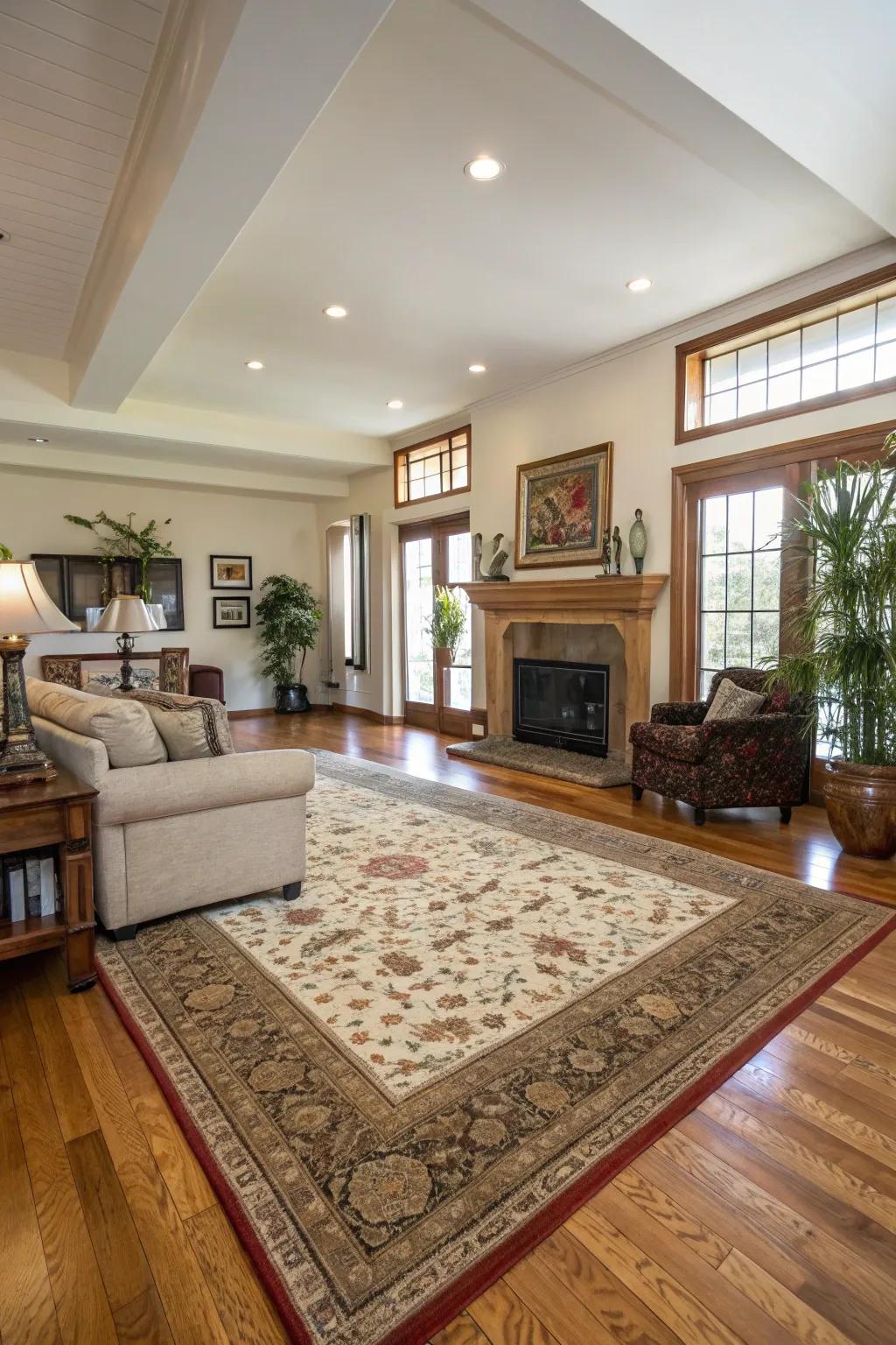 A luxurious rug establishes a comfortable seating arrangement atop hardwood flooring.