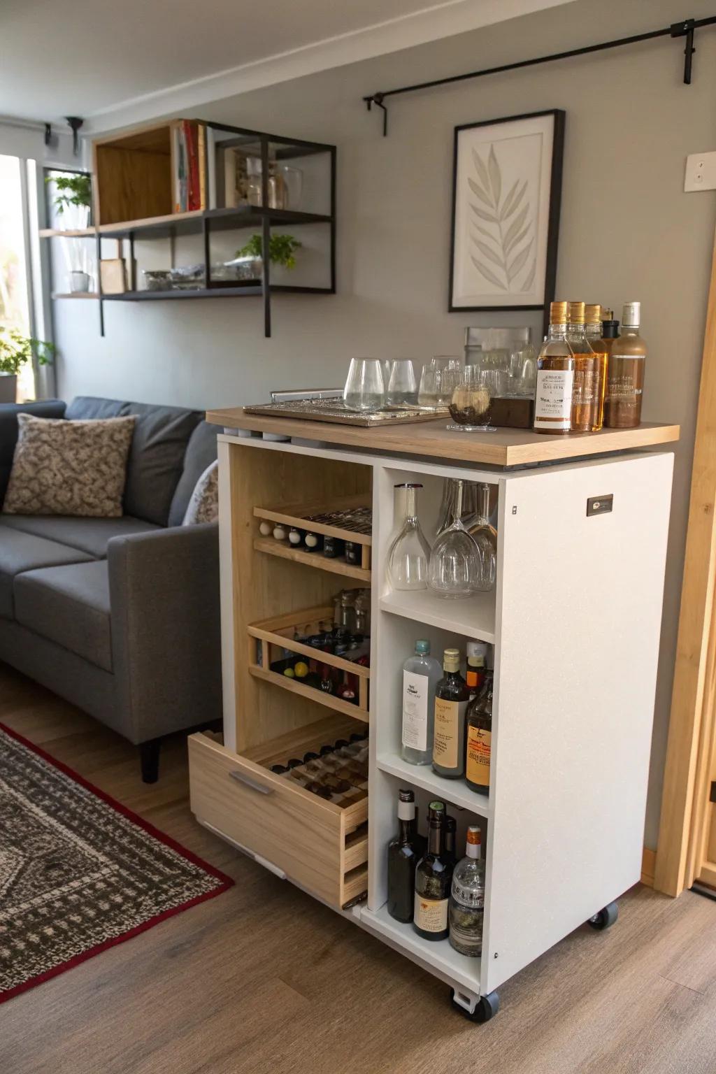 A space-conscious mobile bar featuring innovative storage options in a limited area.