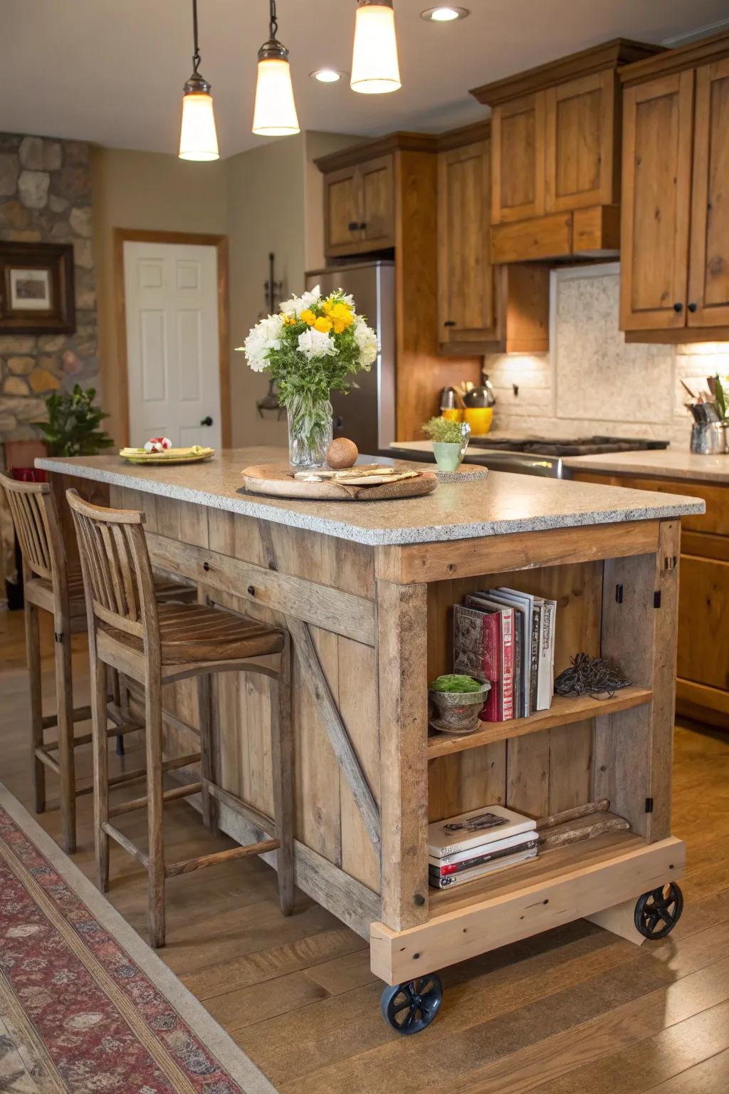 A rustic portable island gives your kitchen a farmhouse feel.