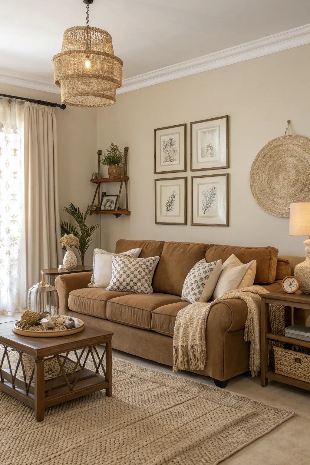 Understated colors enhance the deep cocoa shade for a serene ambiance.