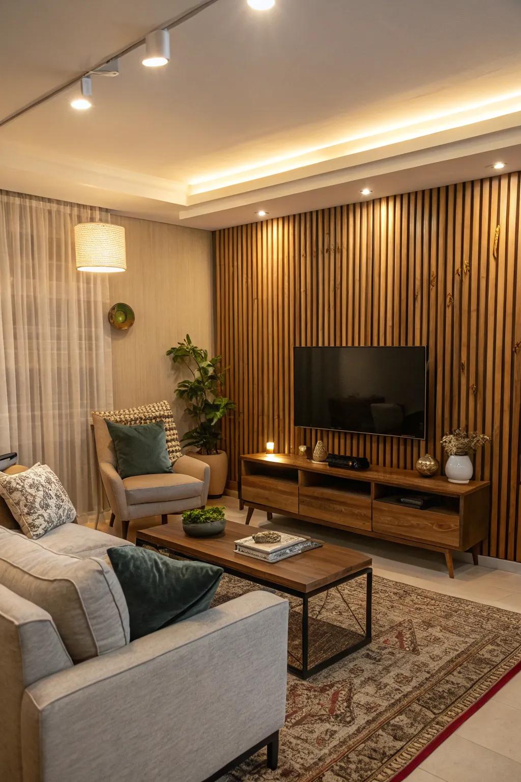 Vertical timber panels add texture and warmth to the TV area.