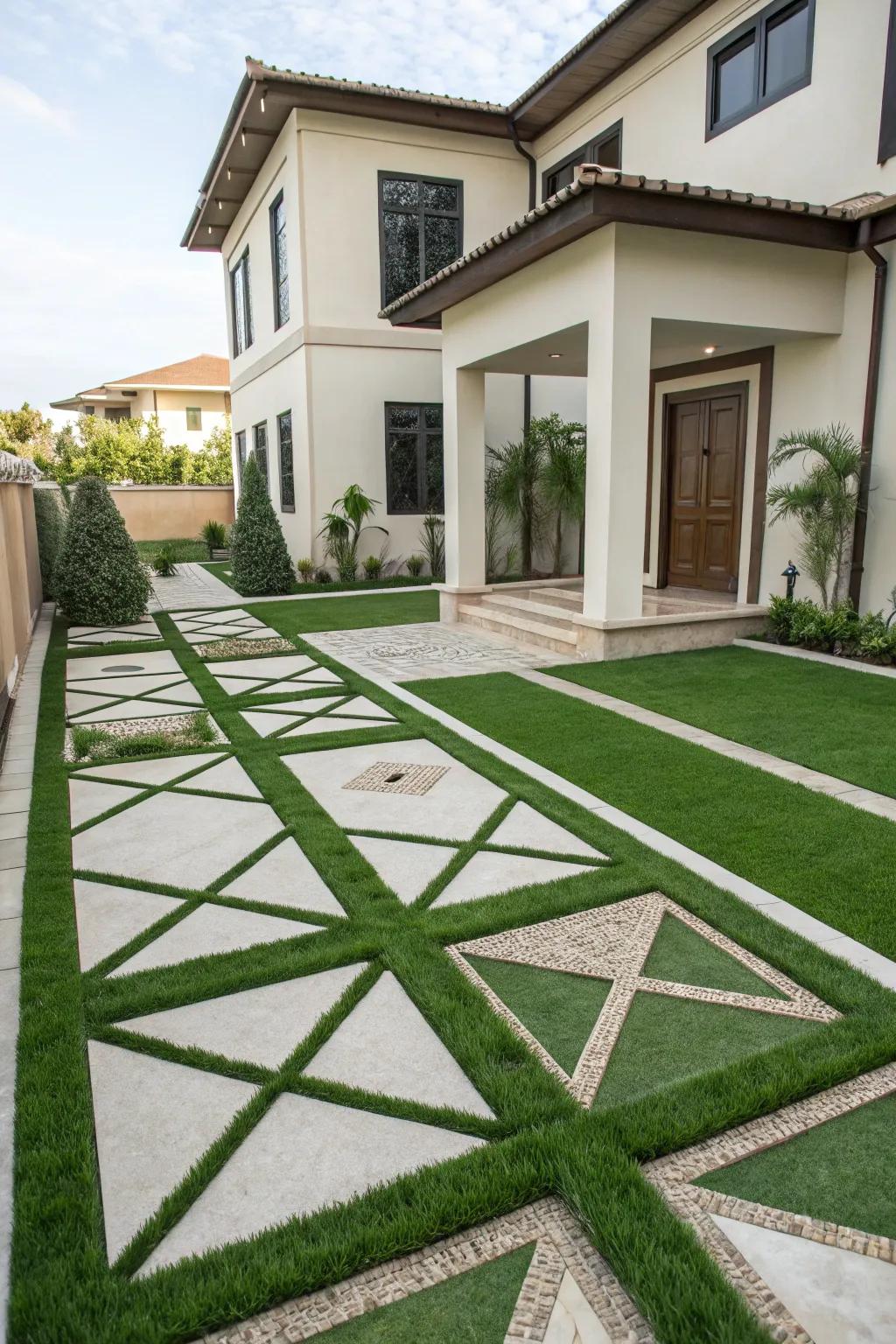 A balanced arrangement using synthetic turf offers a sleek and sophisticated visual.