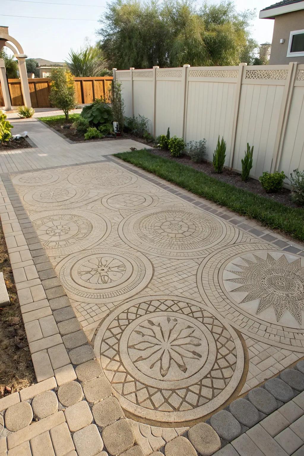A paver paradise showcasing intricate designs in a backyard devoid of grass.
