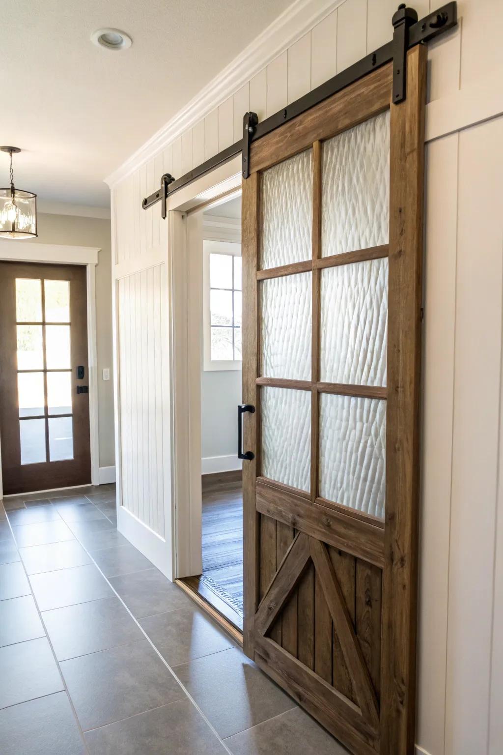 Glass inlays allow barn doors to brighten up shadowy areas with sophistication.