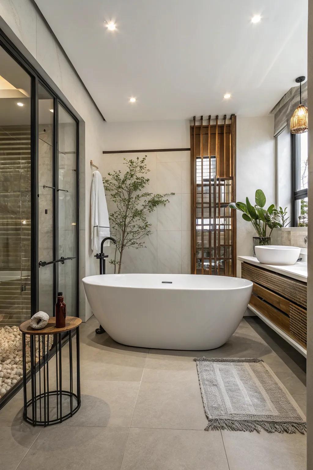 A stand-alone tub acts as the central feature in this contemporary bathroom.